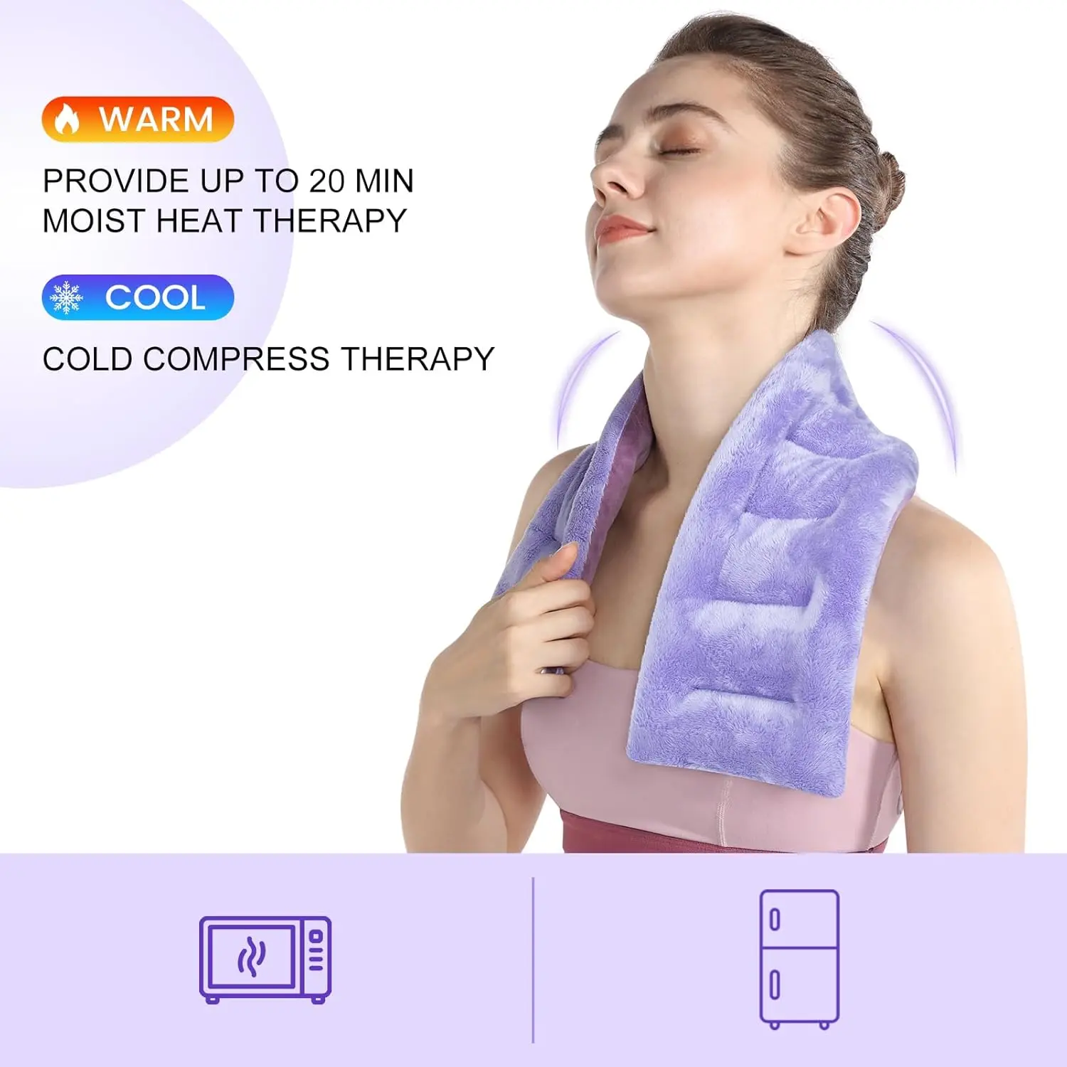 SuzziPad microwavable neck heating pad filled with flaxseed and clay beads provides soothing warmth for neck pain relief.