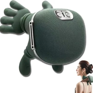 The handheld neck massager features soft, hand-shaped silicone arms and breathable fabric, providing a realistic kneading massage for shoulder and neck pain relief.