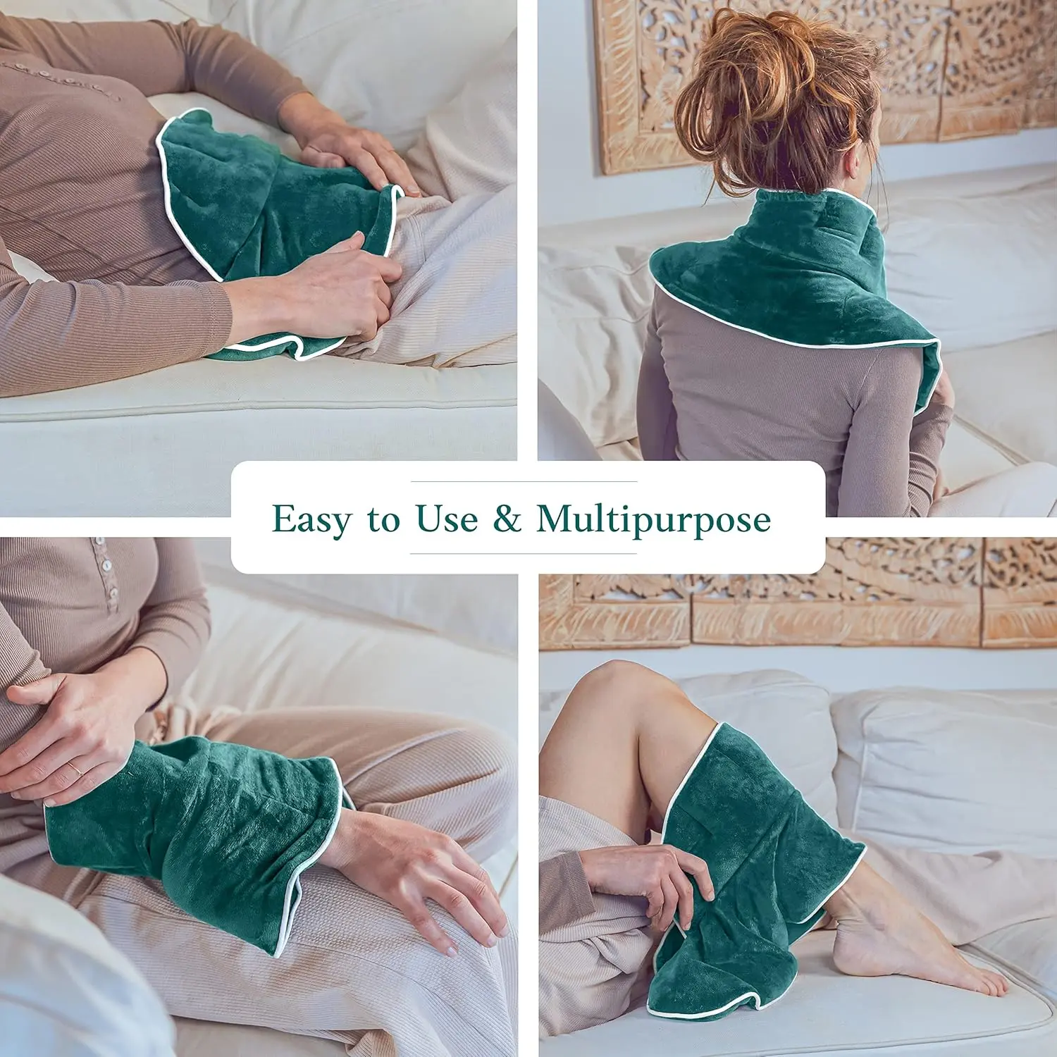 Qomfor neck and shoulder heat pillow filled with wheat and lavender, providing soothing warmth for pain relief in the neck, back, and shoulders.