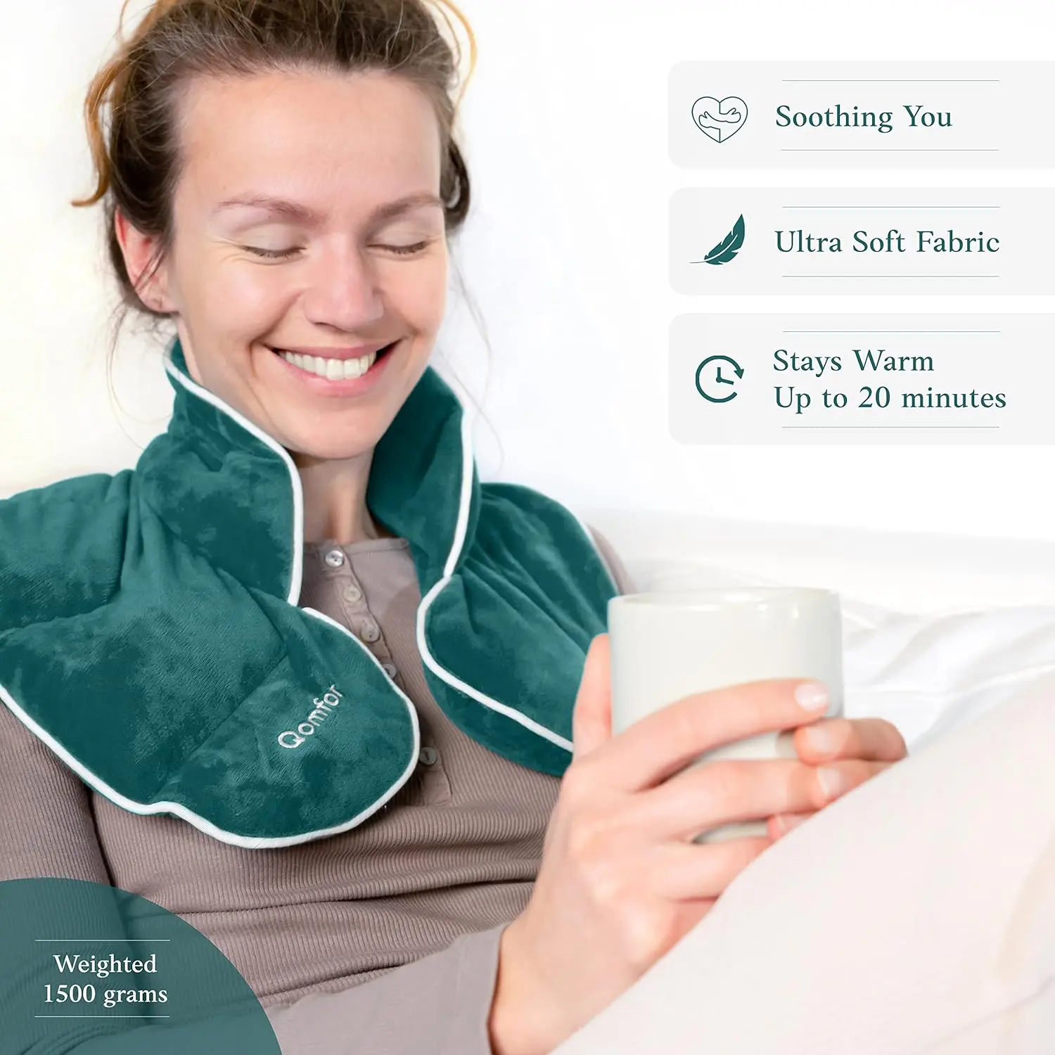 Qomfor neck and shoulder heat pillow filled with wheat and lavender, providing soothing warmth for pain relief in the neck, back, and shoulders.