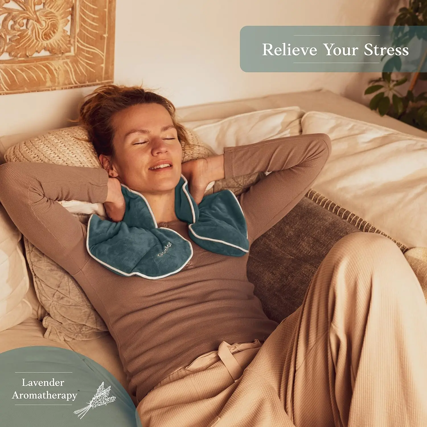 Qomfor neck and shoulder heat pillow filled with wheat and lavender, providing soothing warmth for pain relief in the neck, back, and shoulders.