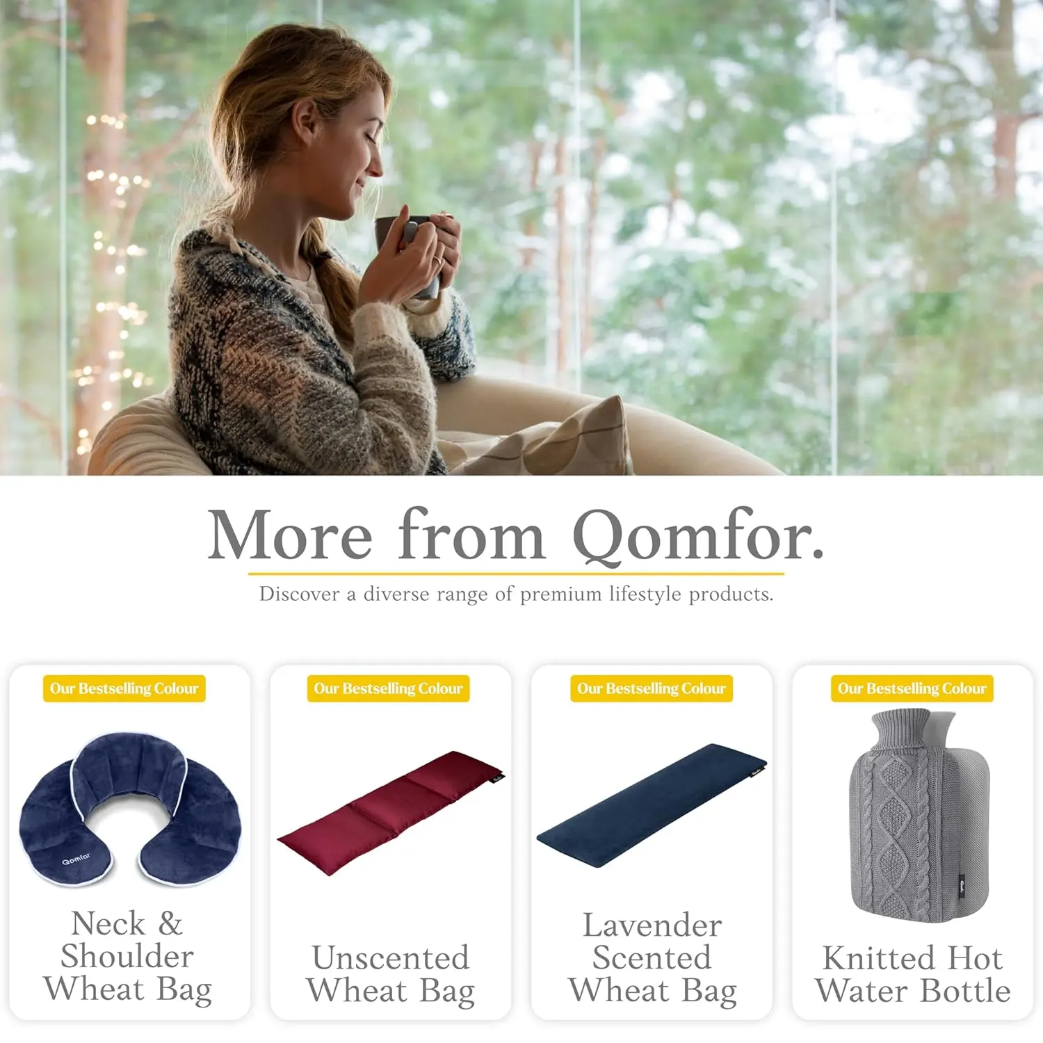 Qomfor neck and shoulder heat pillow filled with wheat and lavender, providing soothing warmth for pain relief in the neck, back, and shoulders.