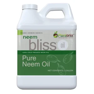 One gallon of Plantonix Neem Bliss cold-pressed neem oil, an OMRI-listed organic solution for indoor and outdoor plant health, suitable for use as a foliar spray or root drench on fruits, vegetables, and other plants.