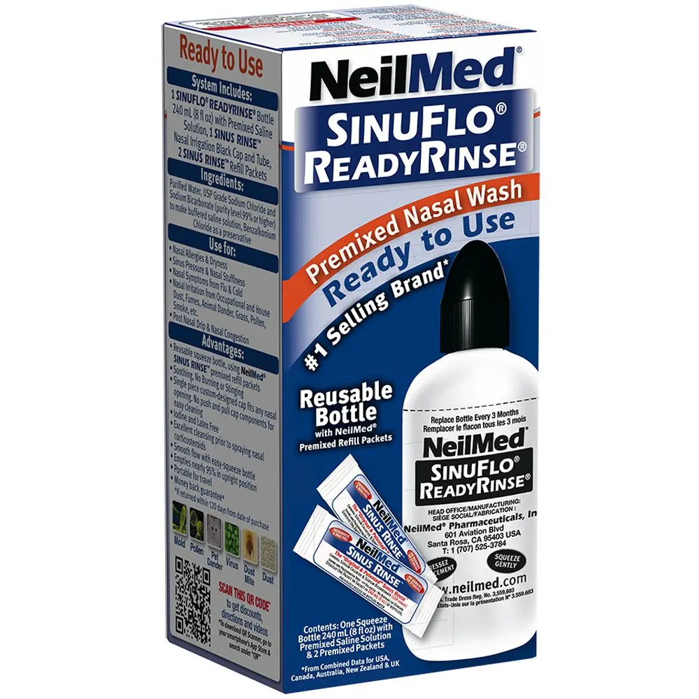 NeilMed SinuFlo Ready Rinse bottle, a premixed saline nasal wash for natural relief from allergies, congestion, and sinus pressure.