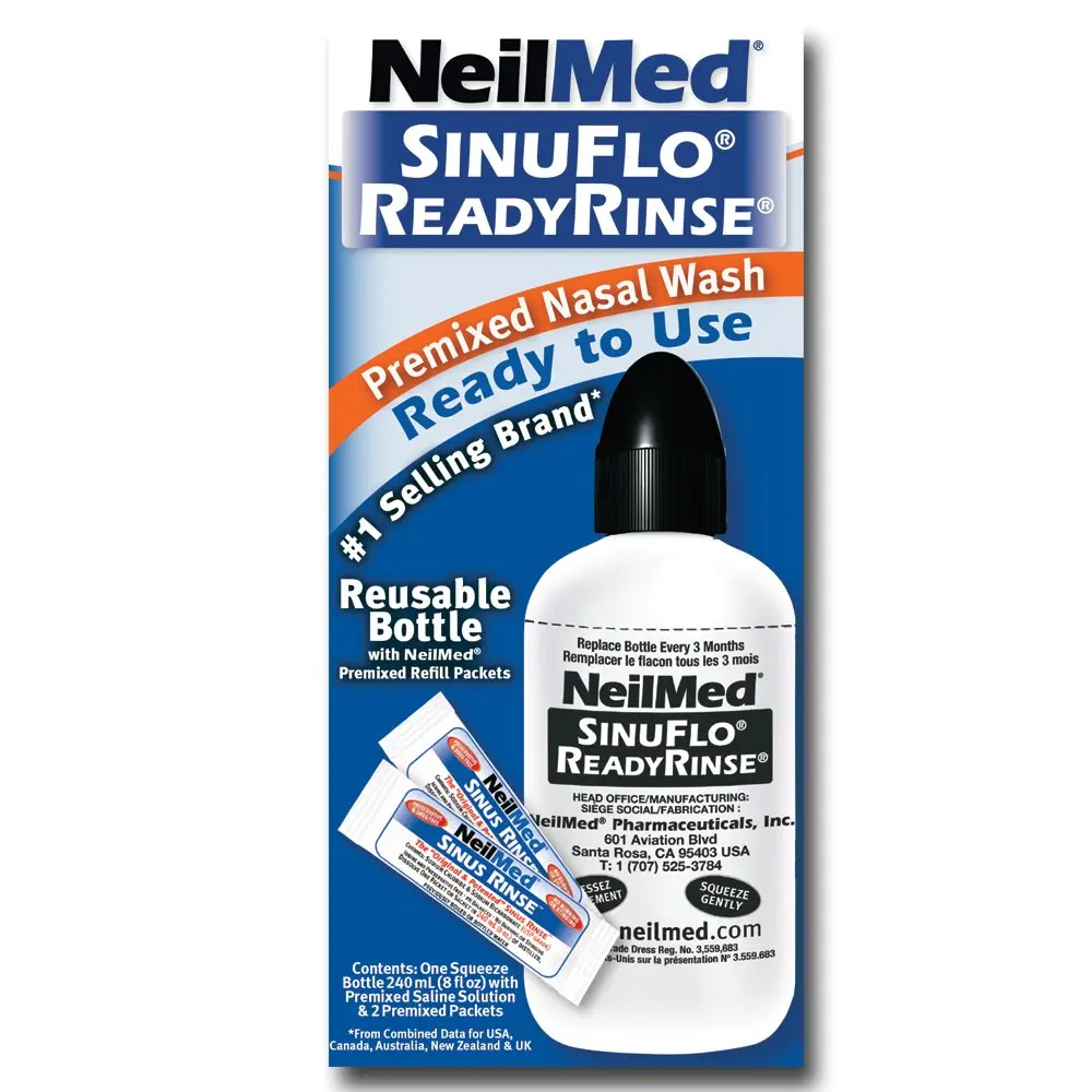 NeilMed SinuFlo Ready Rinse bottle, a premixed saline nasal wash for natural relief from allergies, congestion, and sinus pressure.