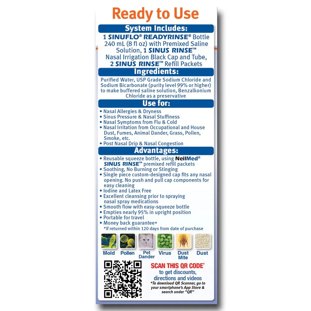 NeilMed SinuFlo Ready Rinse bottle, a premixed saline nasal wash for natural relief from allergies, congestion, and sinus pressure.