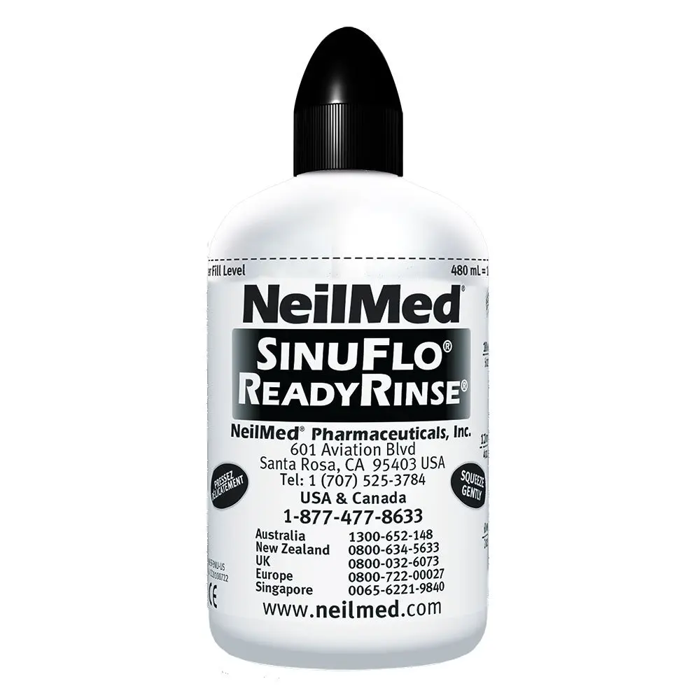 NeilMed SinuFlo Ready Rinse bottle, a premixed saline nasal wash for natural relief from allergies, congestion, and sinus pressure.