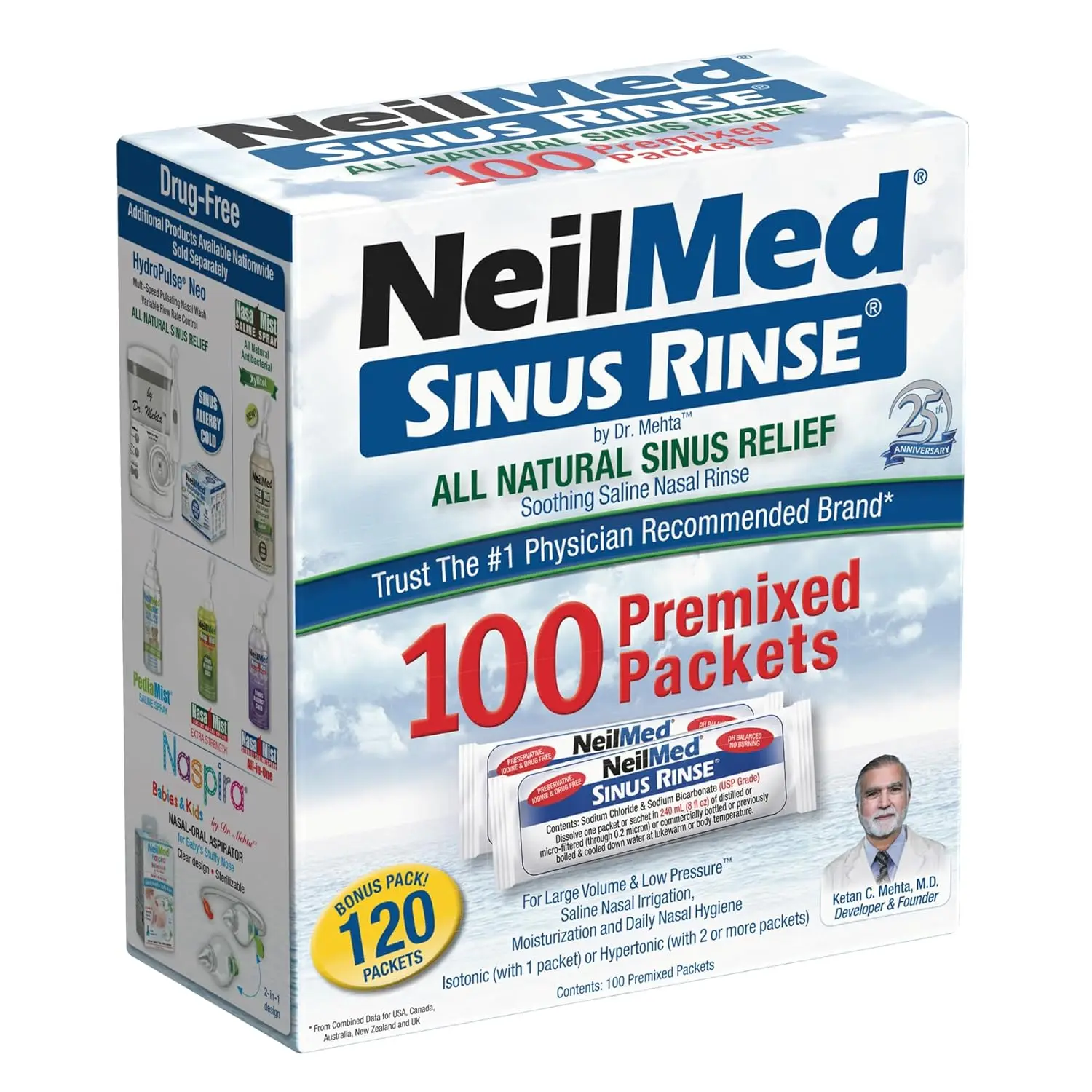 This image shows a box of NeilMed Sinus Rinse refill packets, providing all-natural relief for nasal allergies, congestion, dryness, sinus pressure, and irritation from dust, pollen, smoke, and pet dander.