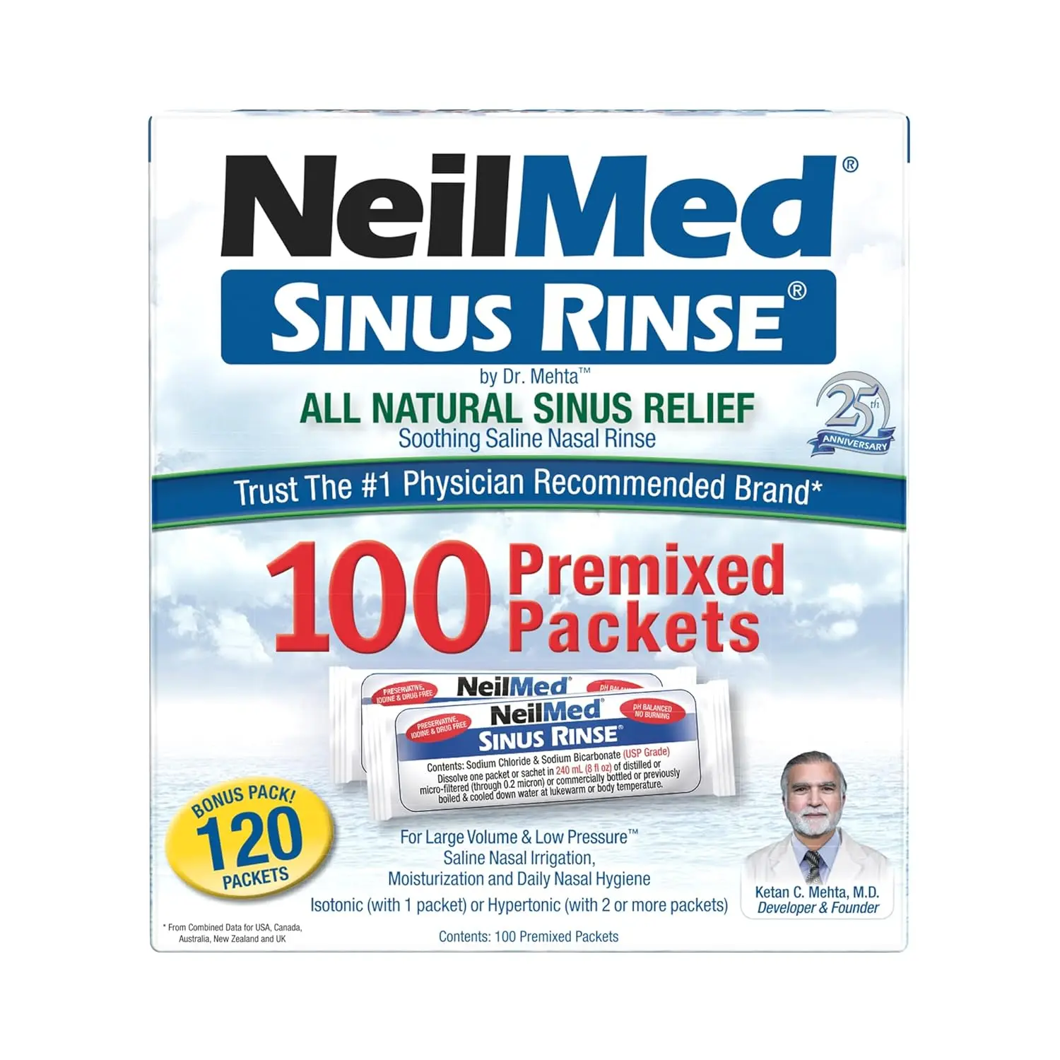 This image shows a box of NeilMed Sinus Rinse refill packets, providing all-natural relief for nasal allergies, congestion, dryness, sinus pressure, and irritation from dust, pollen, smoke, and pet dander.