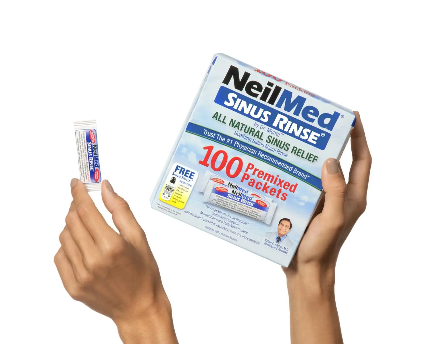 This image shows a box of NeilMed Sinus Rinse refill packets, providing all-natural relief for nasal allergies, congestion, dryness, sinus pressure, and irritation from dust, pollen, smoke, and pet dander.