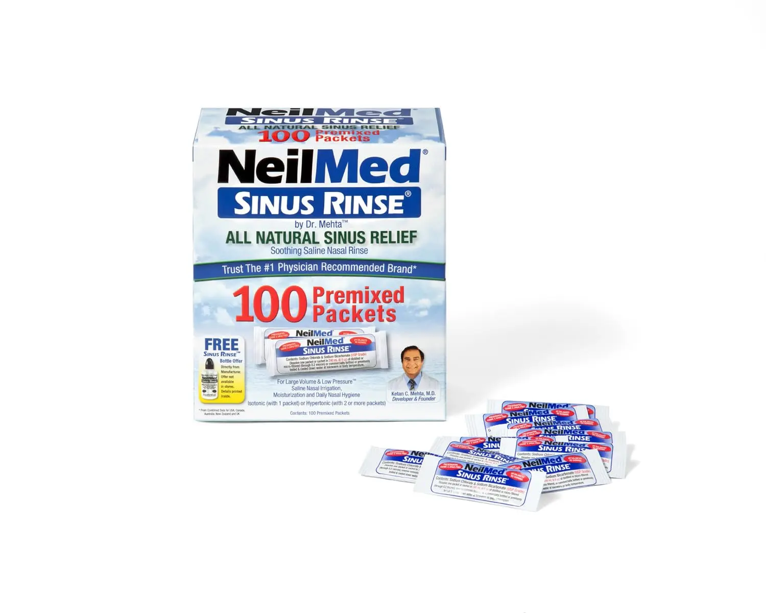 This image shows a box of NeilMed Sinus Rinse refill packets, providing all-natural relief for nasal allergies, congestion, dryness, sinus pressure, and irritation from dust, pollen, smoke, and pet dander.
