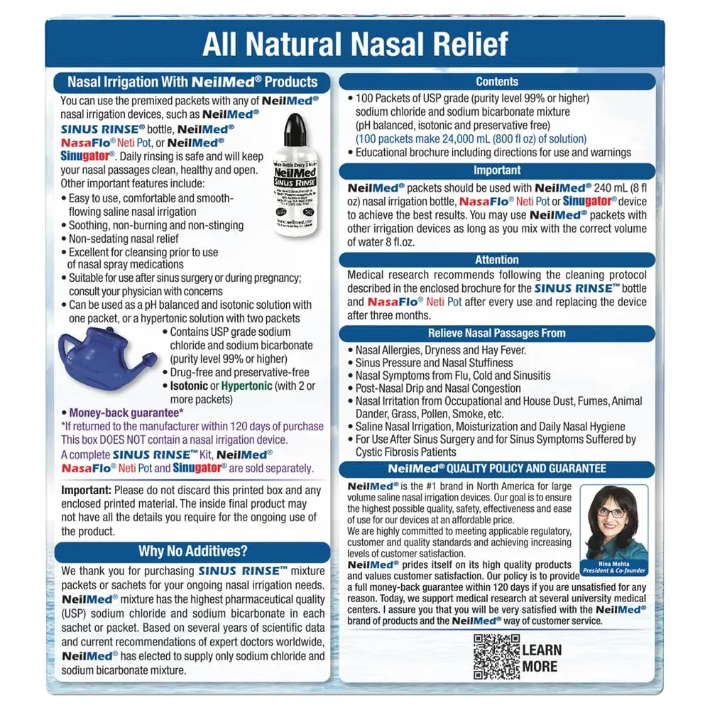 This image shows a box of NeilMed Sinus Rinse refill packets, providing all-natural relief for nasal allergies, congestion, dryness, sinus pressure, and irritation from dust, pollen, smoke, and pet dander.