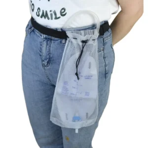 Mesh nephrostomy shower bag holding a 600ml urine drainage bag with an adjustable waistband.