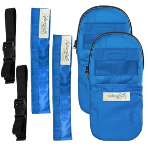 Royal blue nephrostomy tube and drainage bag cover set with adjustable belt for discreet and hands-free use.