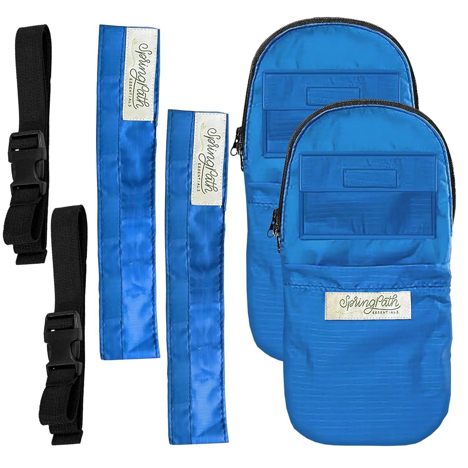 Royal blue nephrostomy tube and drainage bag cover set with adjustable belt for discreet and hands-free use.