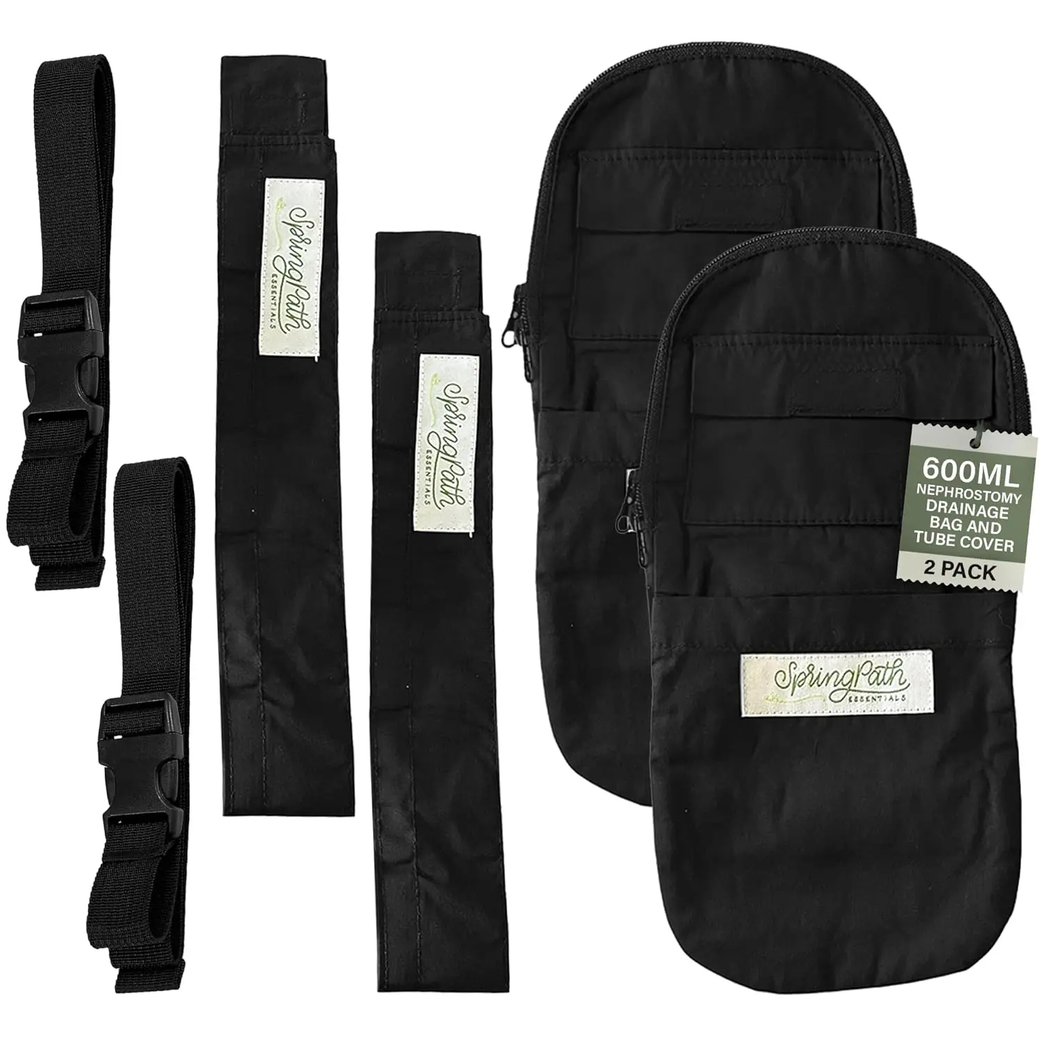 This black nephrostomy tube and drainage bag cover set includes two drainage bag covers, two adjustable belts, and two nephrostomy tube covers for discreet and hands-free carrying.