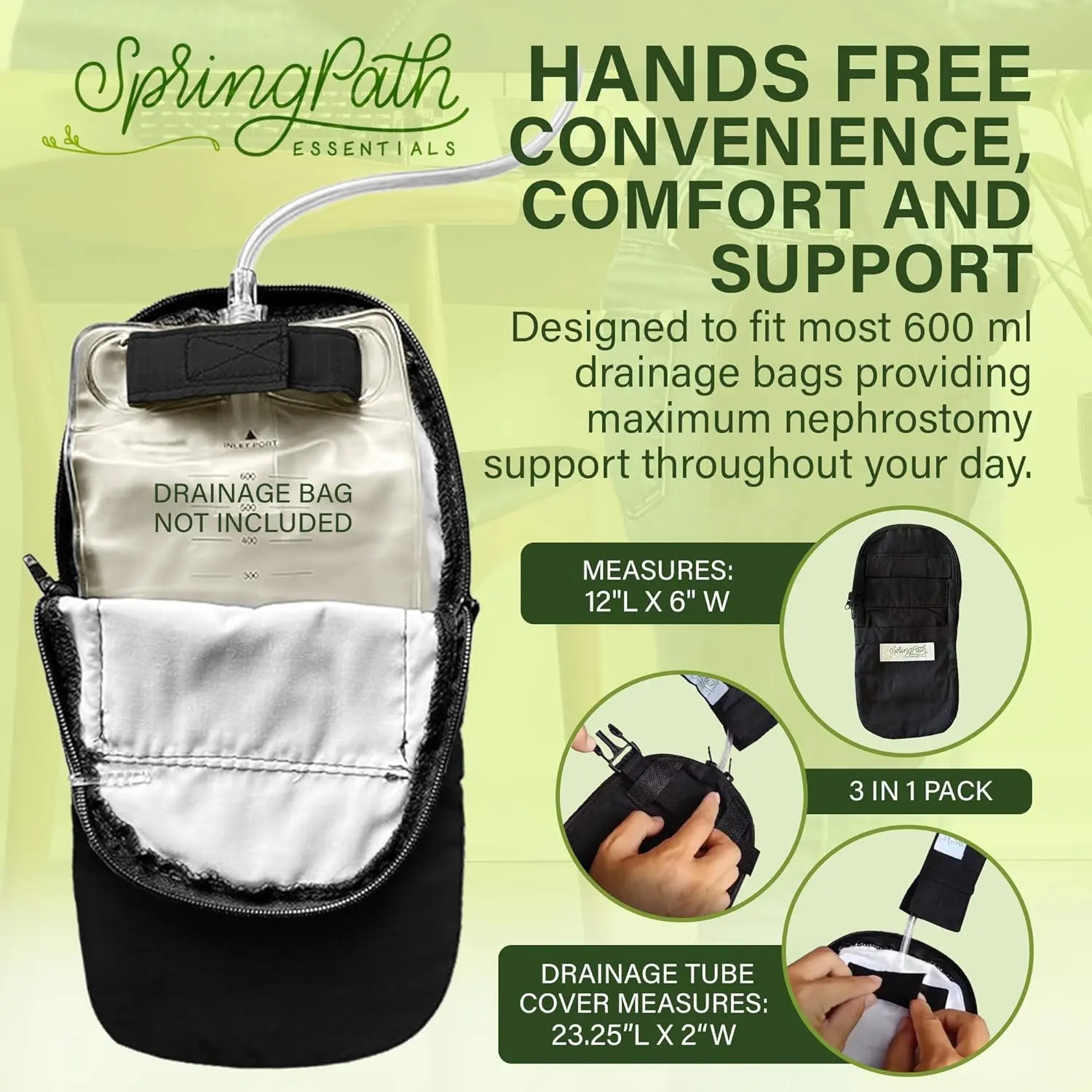 This black nephrostomy tube and drainage bag cover set includes two drainage bag covers, two adjustable belts, and two nephrostomy tube covers for discreet and hands-free carrying.
