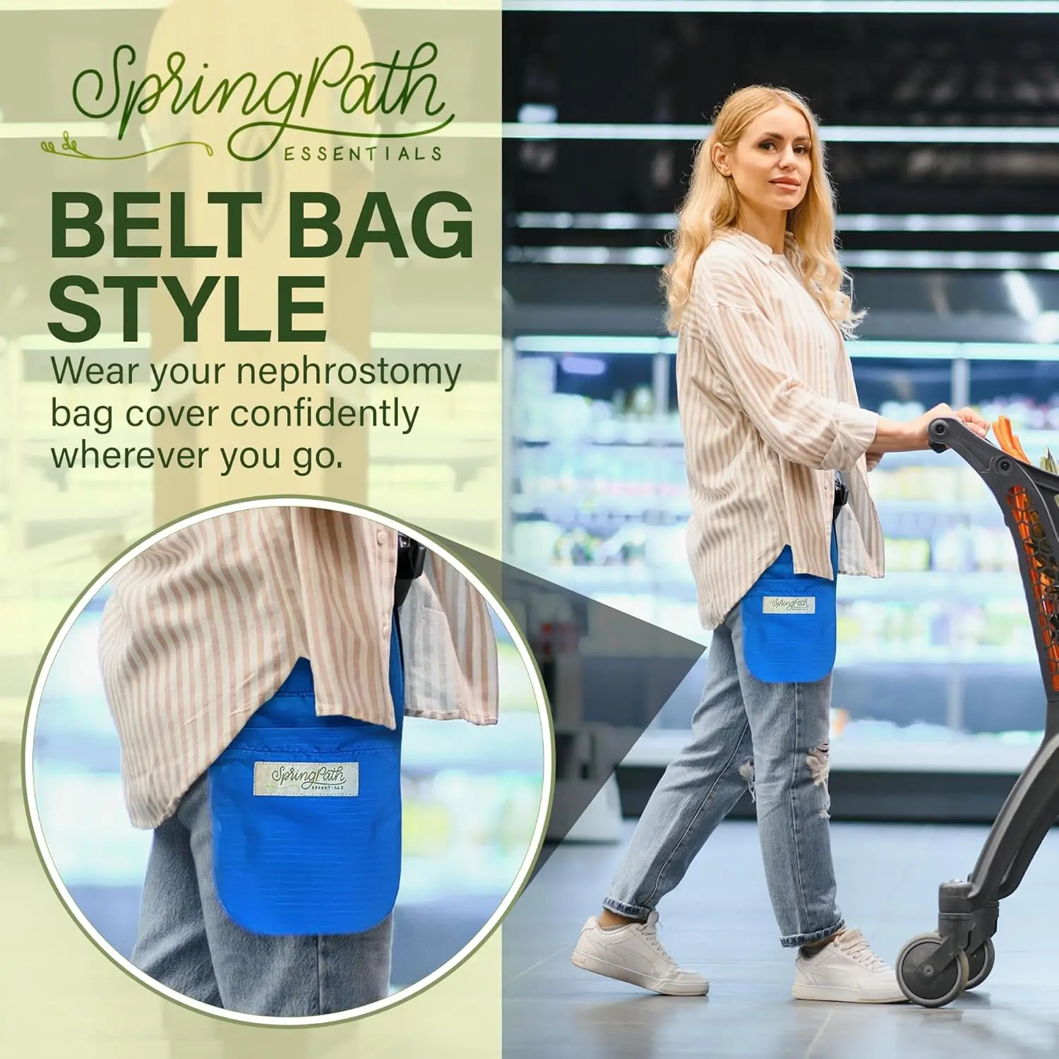 Royal blue nephrostomy tube and drainage bag cover set with adjustable belt for discreet and hands-free use.