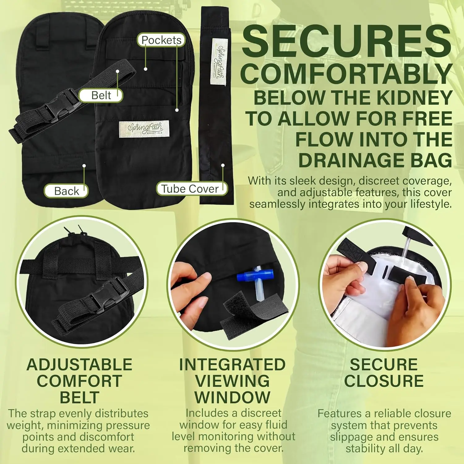 This black nephrostomy tube and drainage bag cover set includes two drainage bag covers, two adjustable belts, and two nephrostomy tube covers for discreet and hands-free carrying.