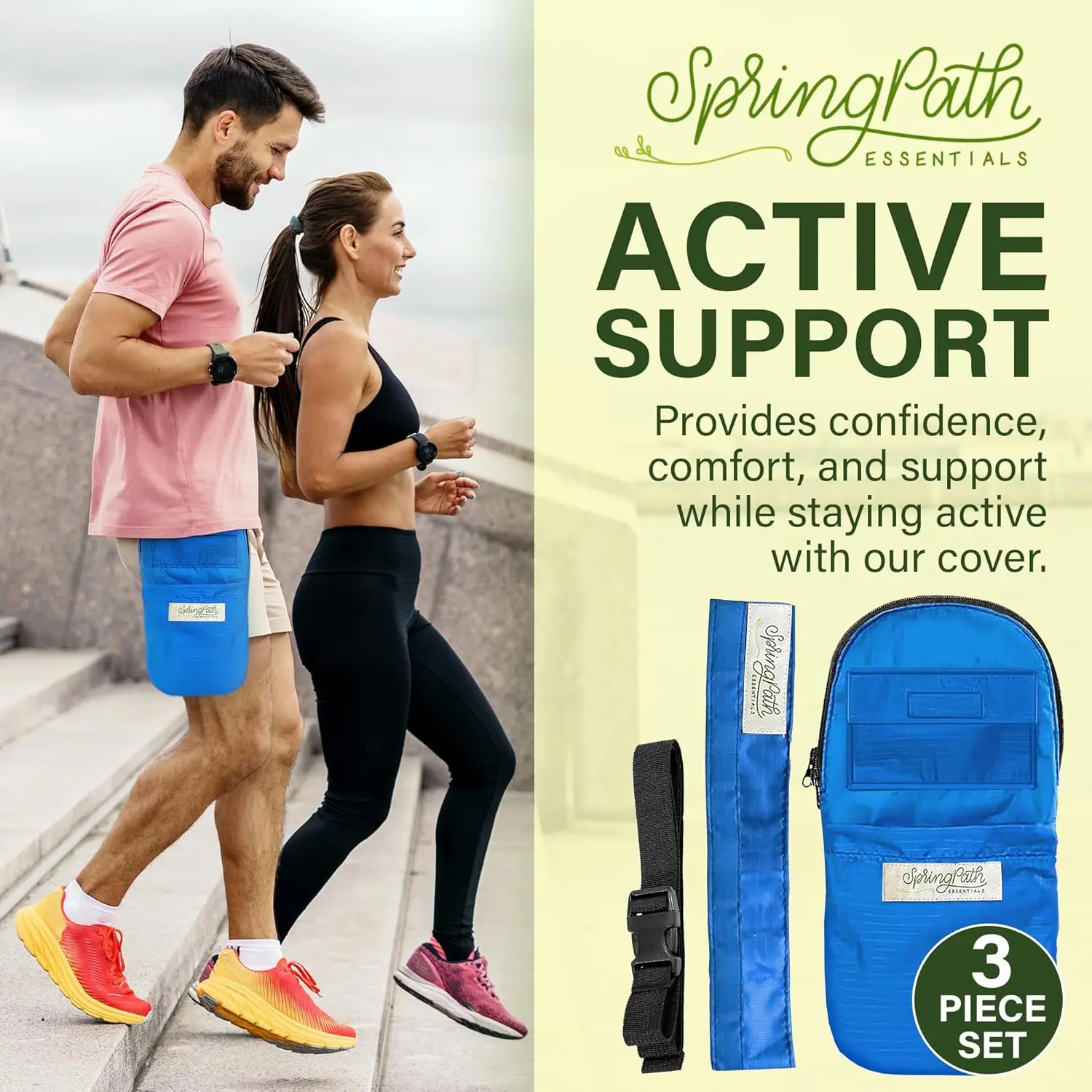 Royal blue nephrostomy tube and drainage bag cover set with adjustable belt for discreet and hands-free use.