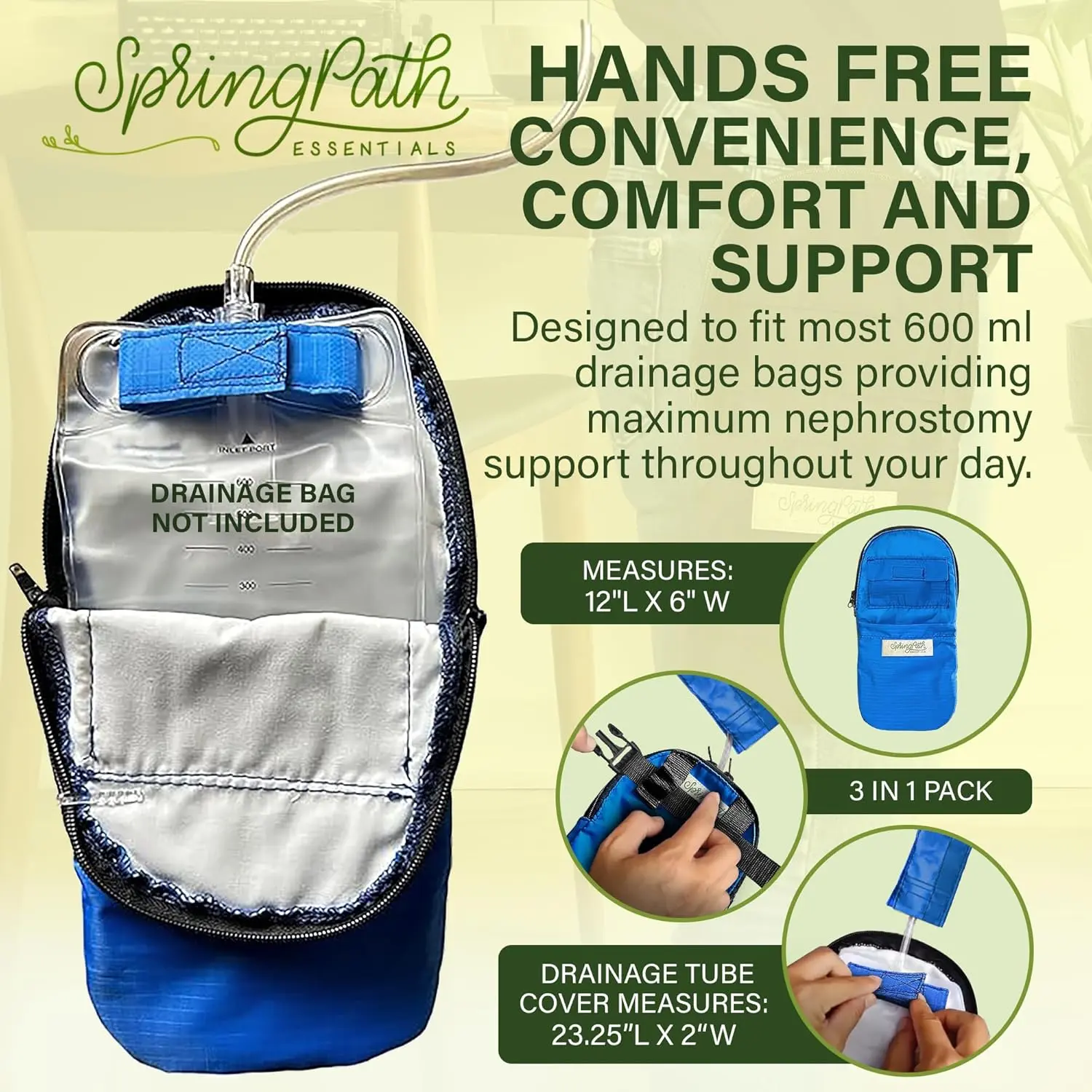 Royal blue nephrostomy tube and drainage bag cover set with adjustable belt for discreet and hands-free use.
