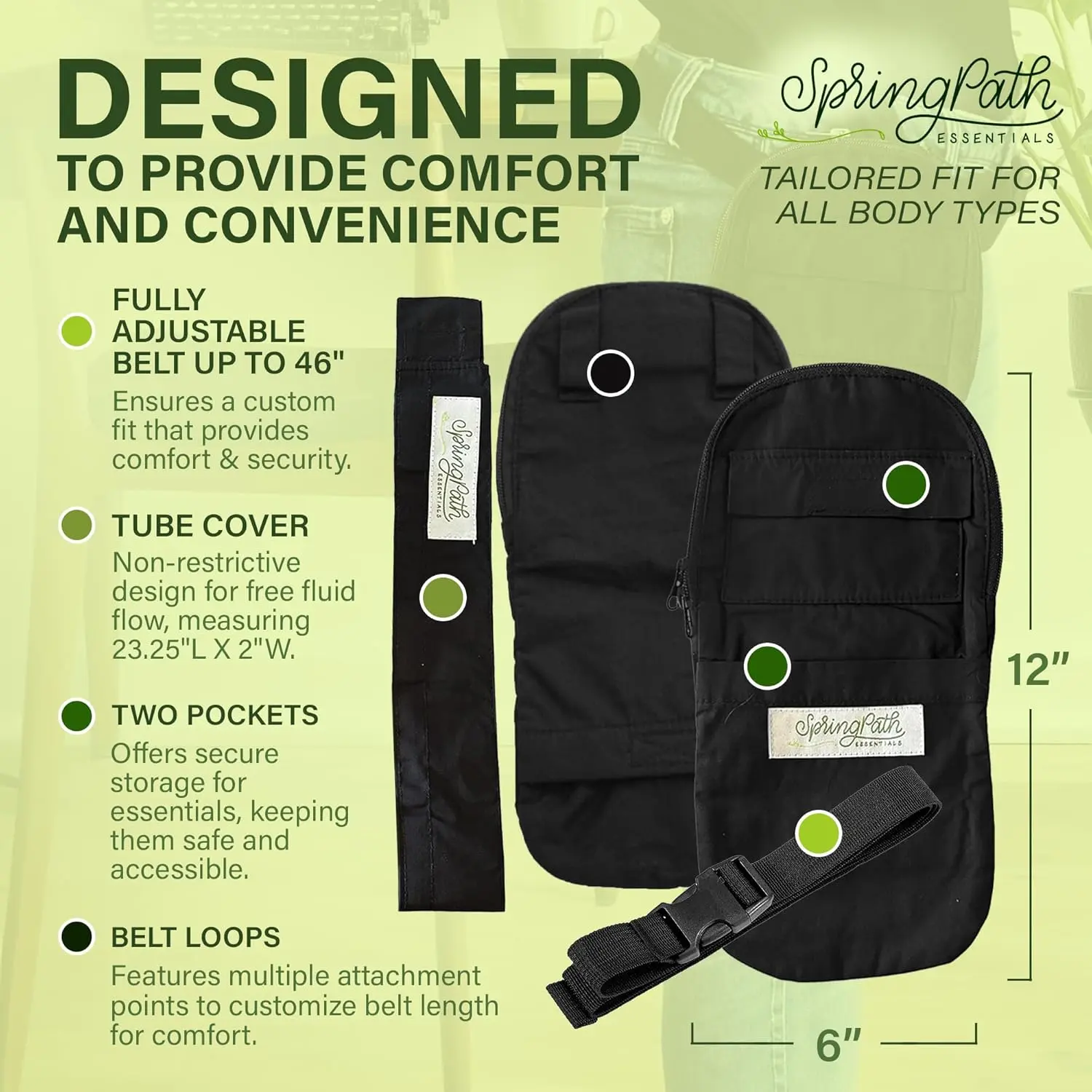 This black nephrostomy tube and drainage bag cover set includes two drainage bag covers, two adjustable belts, and two nephrostomy tube covers for discreet and hands-free carrying.