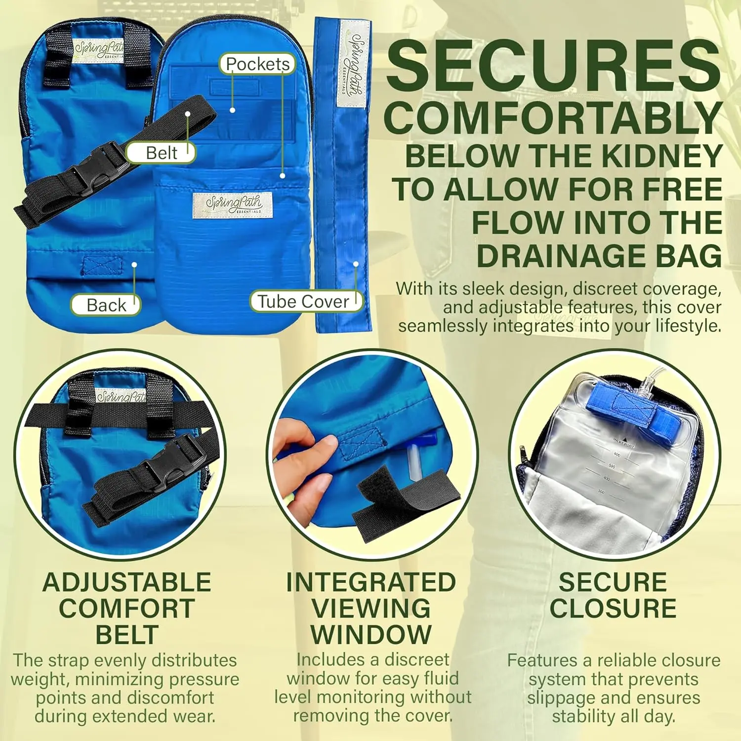 Royal blue nephrostomy tube and drainage bag cover set with adjustable belt for discreet and hands-free use.
