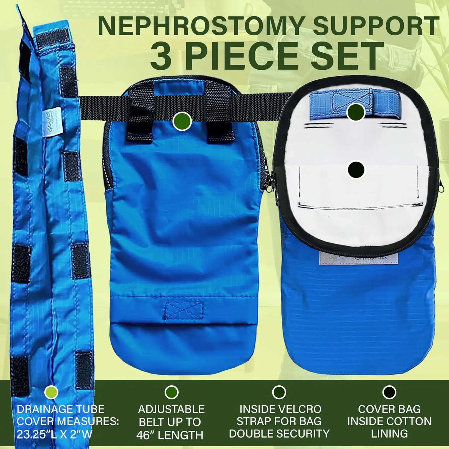 Royal blue nephrostomy tube and drainage bag cover set with adjustable belt and tube cover.