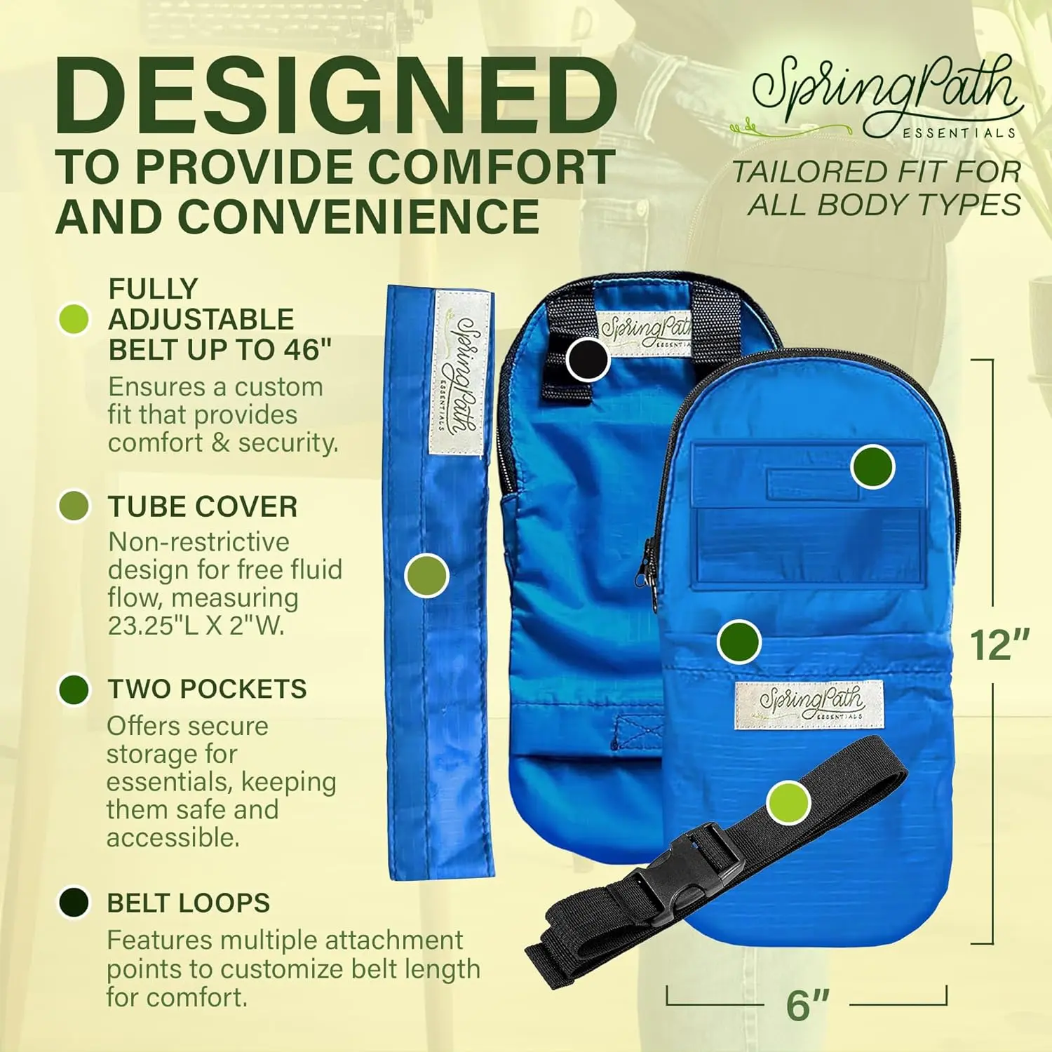 Royal blue nephrostomy tube and drainage bag cover set with adjustable belt and tube cover.