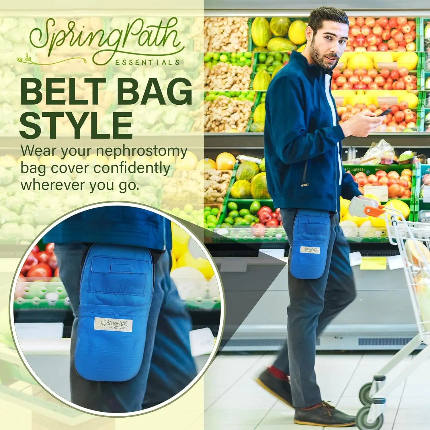 Royal blue nephrostomy tube and drainage bag cover set with adjustable belt and tube cover.