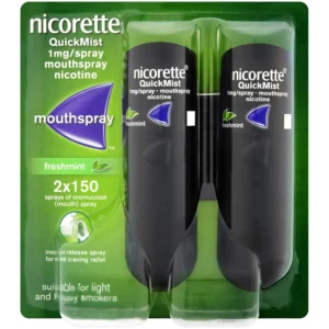 Two bottles of Nicorette QuickMist mouth spray in a fresh mint flavor provide fast-acting nicotine relief to help you quit smoking.