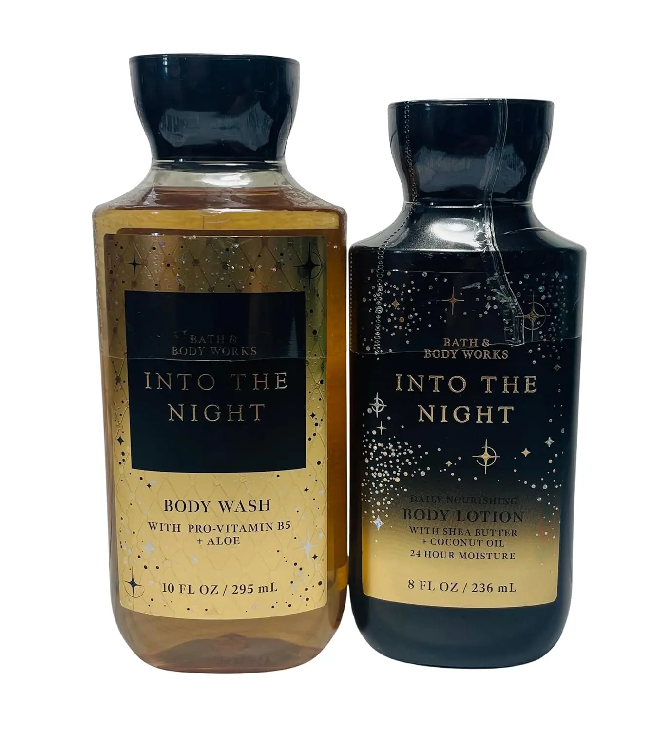 This Bath & Body Works Into The Night set includes a moisturizing shea butter body lotion and a refreshing aloe vera body wash, both featuring the alluring scent of raspberry noir, amber crystals, velvety rose petals, creamy patchouli, and mocha musk.