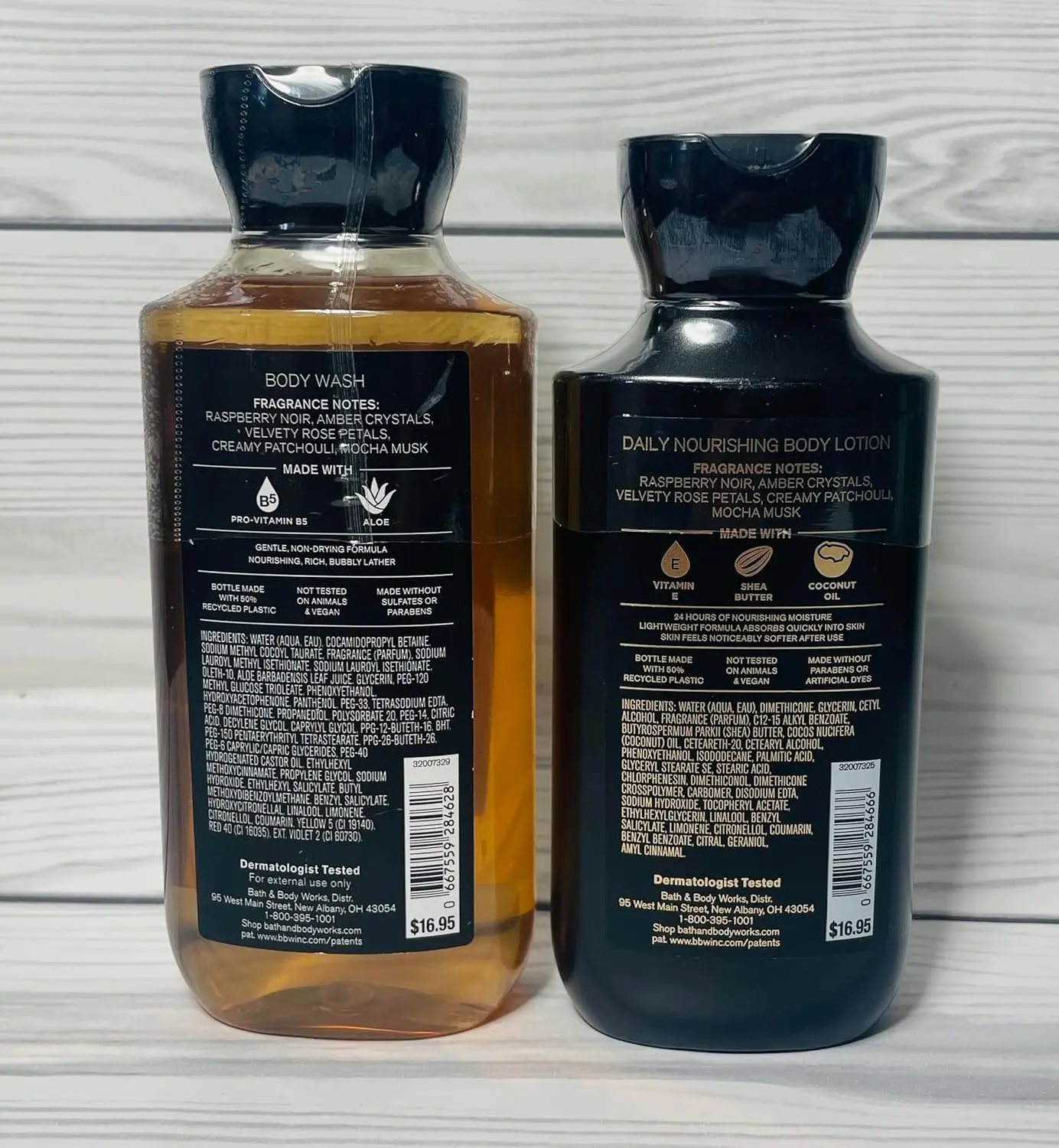 This Bath & Body Works Into The Night set includes a moisturizing shea butter body lotion and a refreshing aloe vera body wash, both featuring the alluring scent of raspberry noir, amber crystals, velvety rose petals, creamy patchouli, and mocha musk.