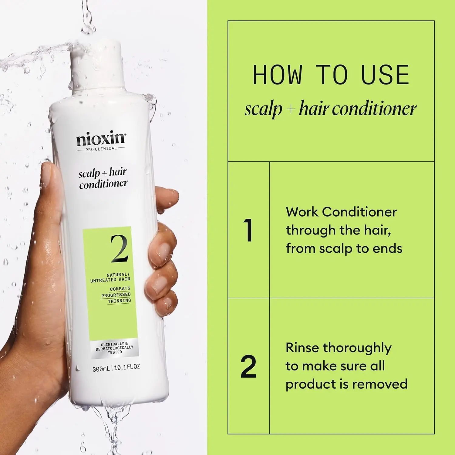 Nioxin System 2 conditioner thickens fine and natural hair with progressed thinning, promoting density and scalp health.