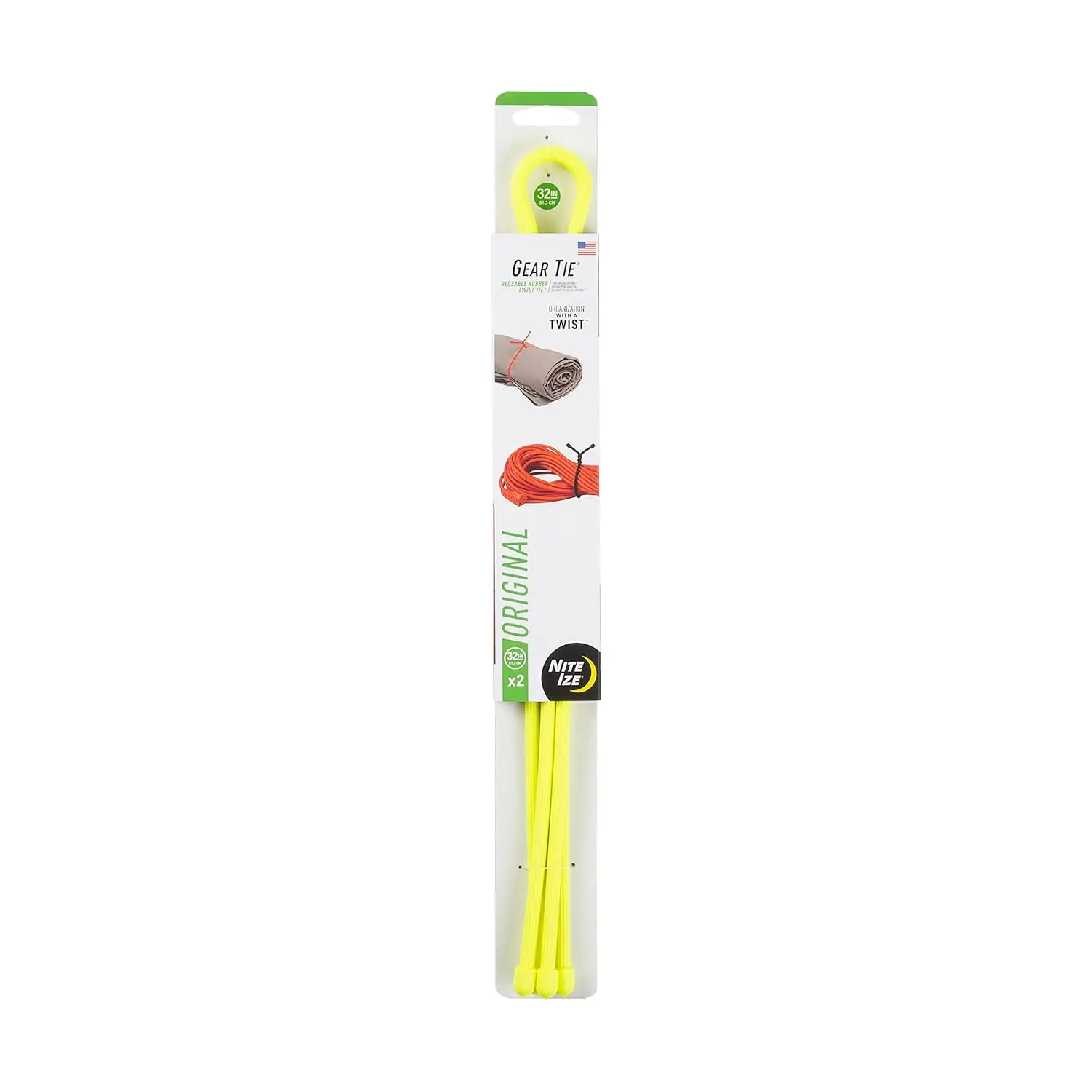 This image shows a two-pack of neon yellow 32-inch Nite Ize Gear Ties, durable and reusable twist ties with a strong wire inside for thousands of uses at home, on trips, and on boats.