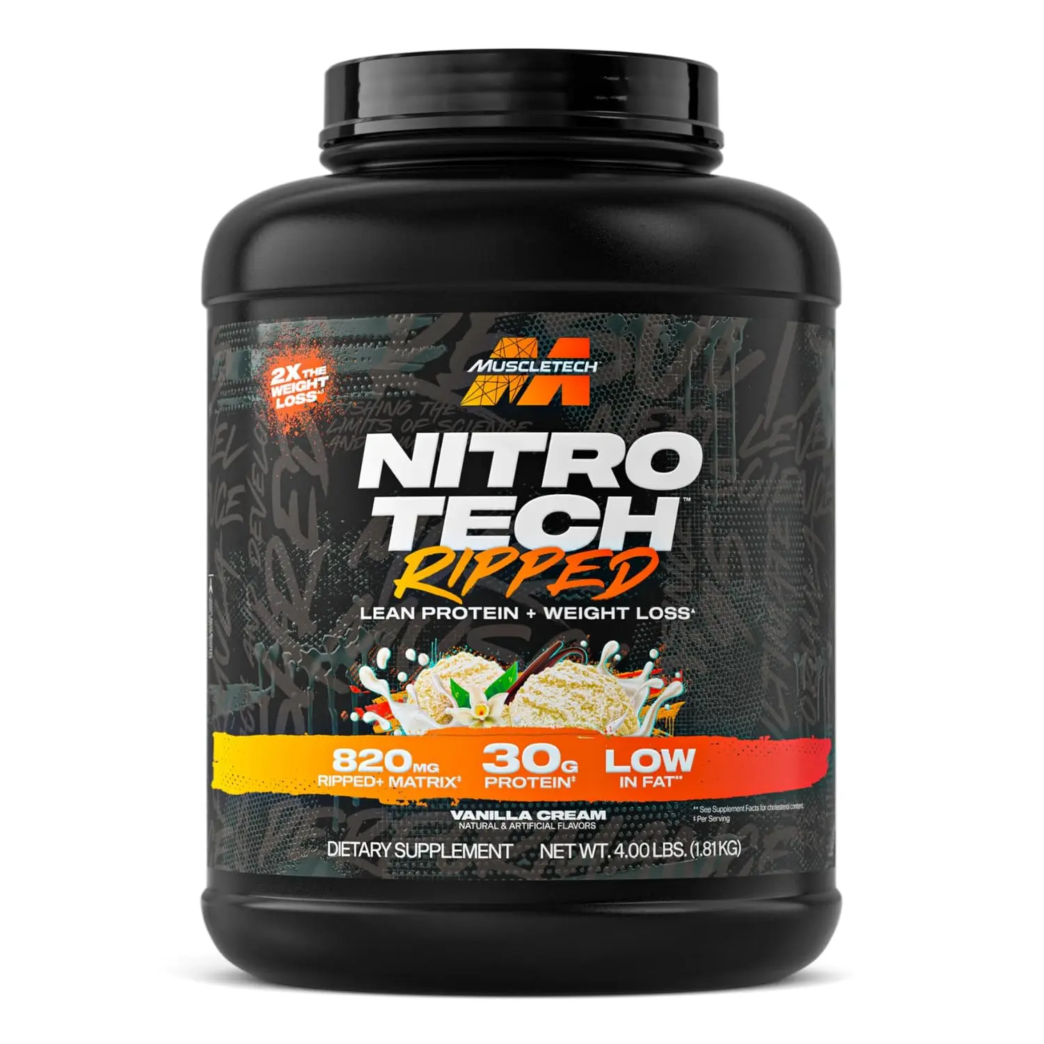 MuscleTech Nitro-Tech Ripped French Vanilla Bean protein powder helps build lean muscle and supports weight management.