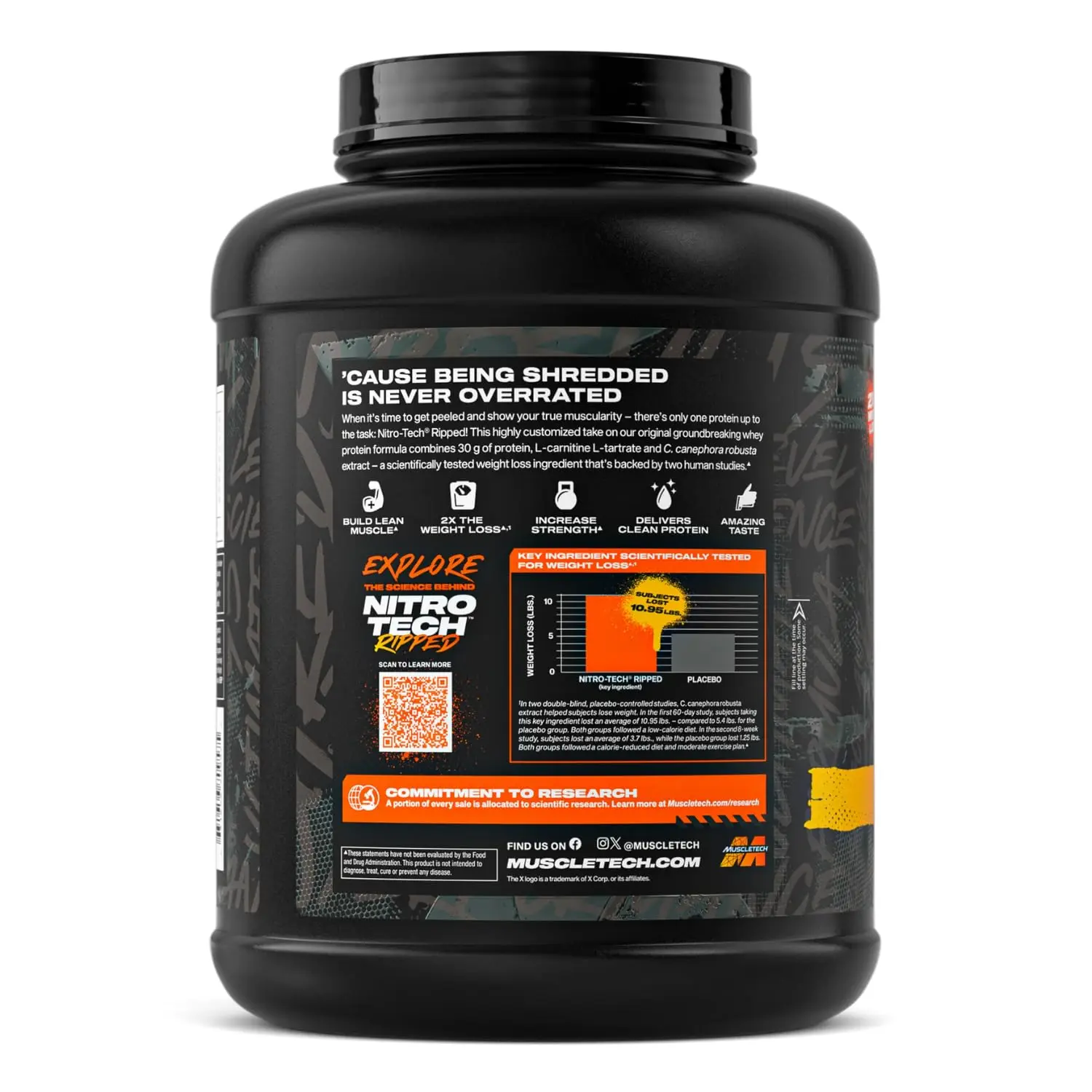 MuscleTech Nitro-Tech Ripped French Vanilla Bean protein powder helps build lean muscle and supports weight management.