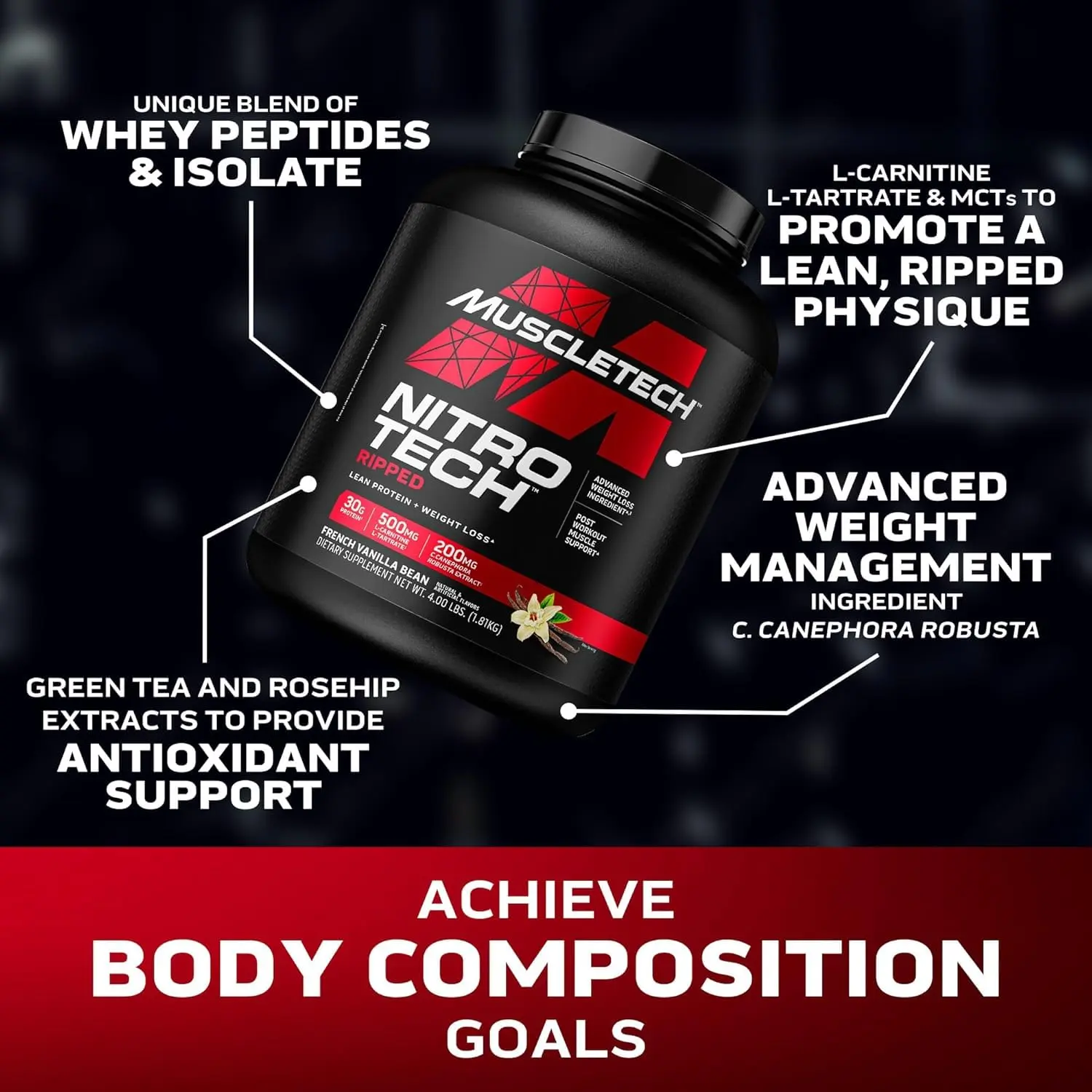 MuscleTech Nitro-Tech Ripped French Vanilla Bean protein powder helps build lean muscle and supports weight management.