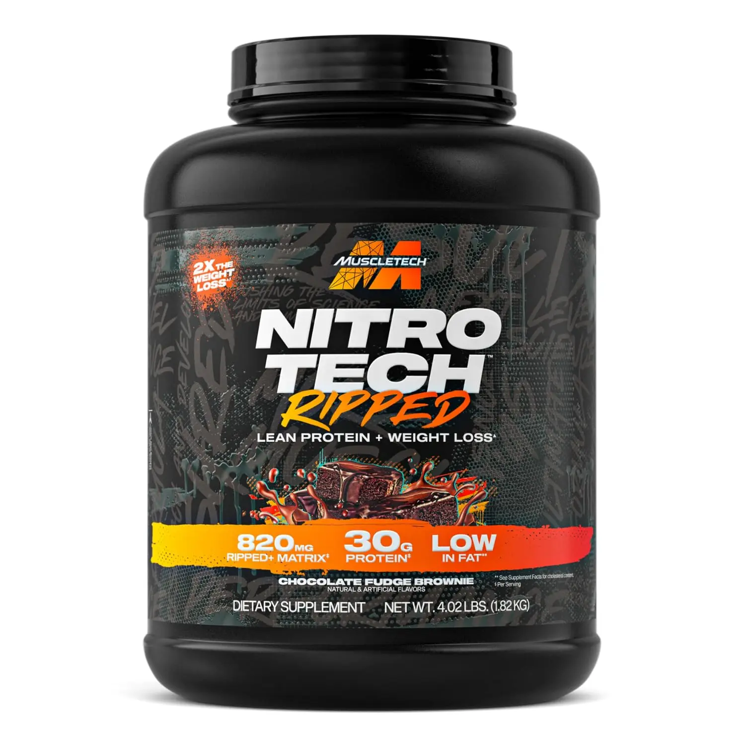 MuscleTech Nitro-Tech Ripped whey protein powder in Chocolate Fudge Brownie flavor supports lean muscle building and weight management with 30 grams of protein per serving.