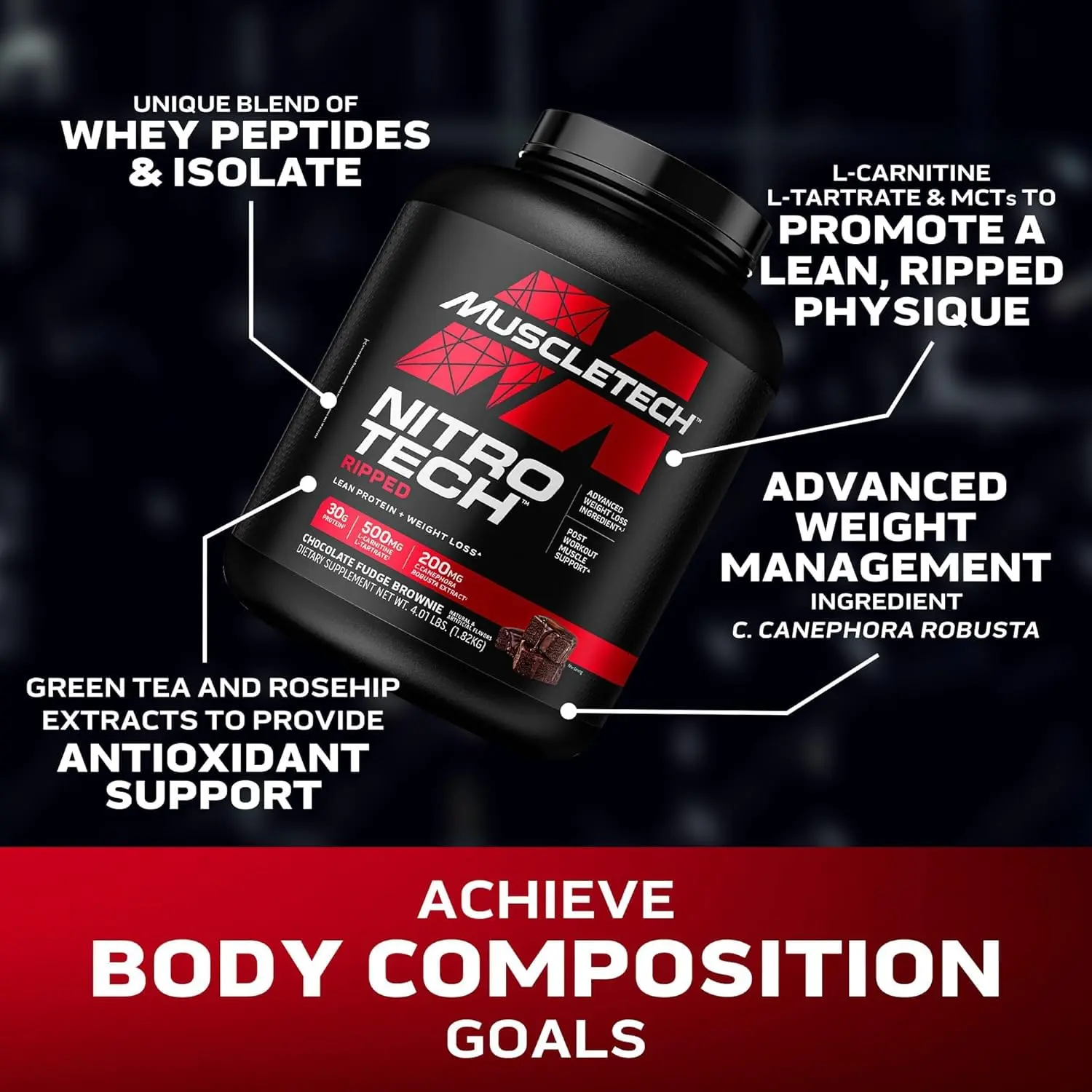 MuscleTech Nitro-Tech Ripped whey protein powder in Chocolate Fudge Brownie flavor supports lean muscle building and weight management with 30 grams of protein per serving.