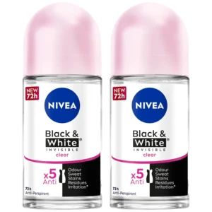 Two NIVEA Black & White Invisible Original antiperspirant roll-ons provide 48-hour protection against sweat and odor, keeping black clothes black and white clothes white for longer while preventing yellow stains, with a dermatologically approved, alcohol and colorant-free formula.