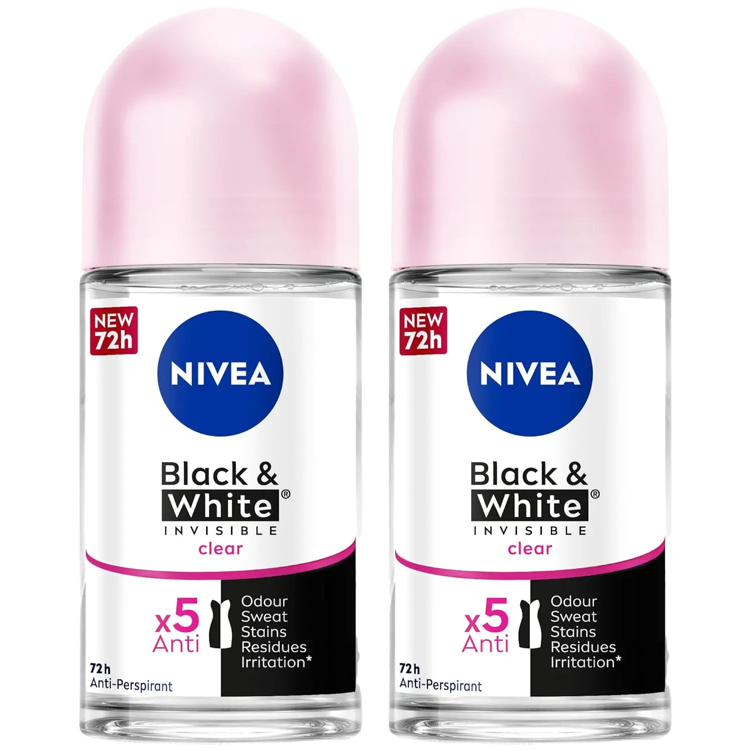 Two NIVEA Black & White Invisible Original antiperspirant roll-ons provide 48-hour protection against sweat and odor, keeping black clothes black and white clothes white for longer while preventing yellow stains, with a dermatologically approved, alcohol and colorant-free formula.