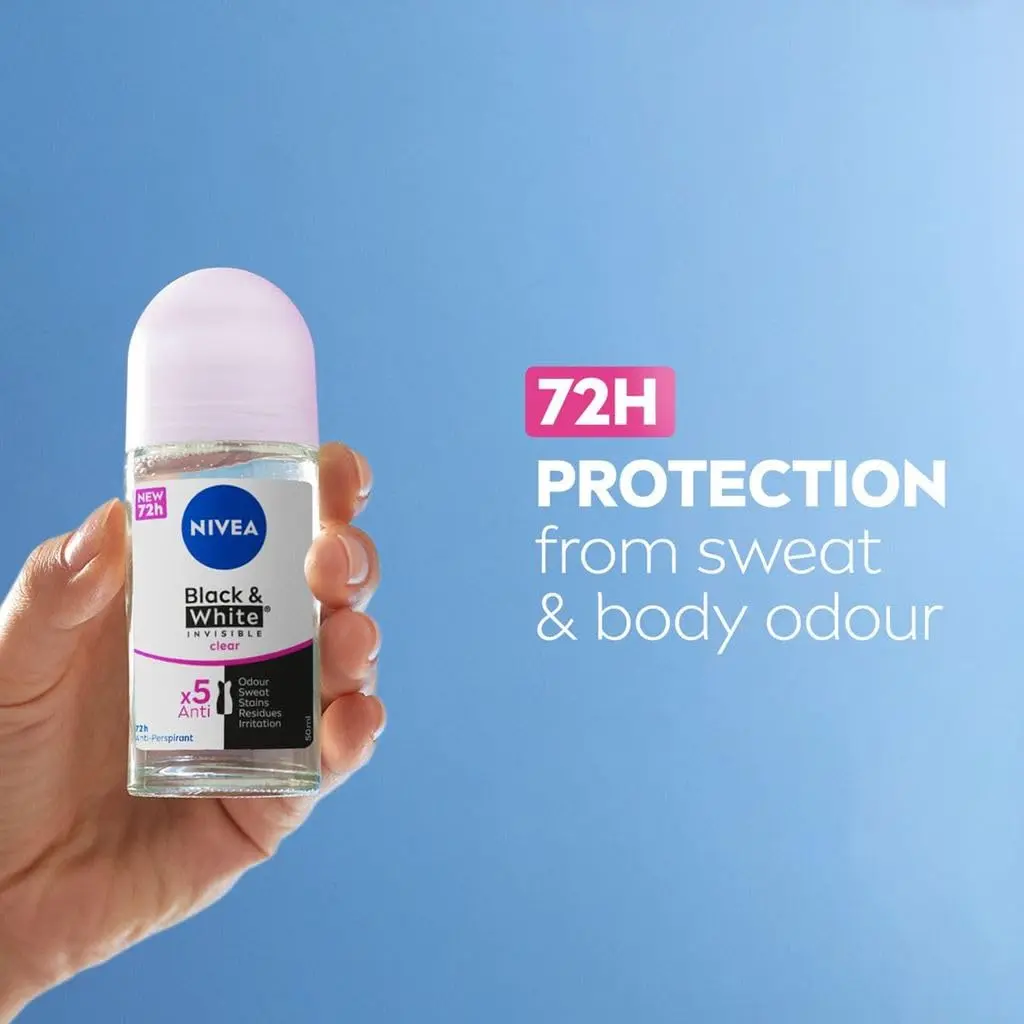 Two NIVEA Black & White Invisible Original antiperspirant roll-ons provide 48-hour protection against sweat and odor, keeping black clothes black and white clothes white for longer while preventing yellow stains, with a dermatologically approved, alcohol and colorant-free formula.