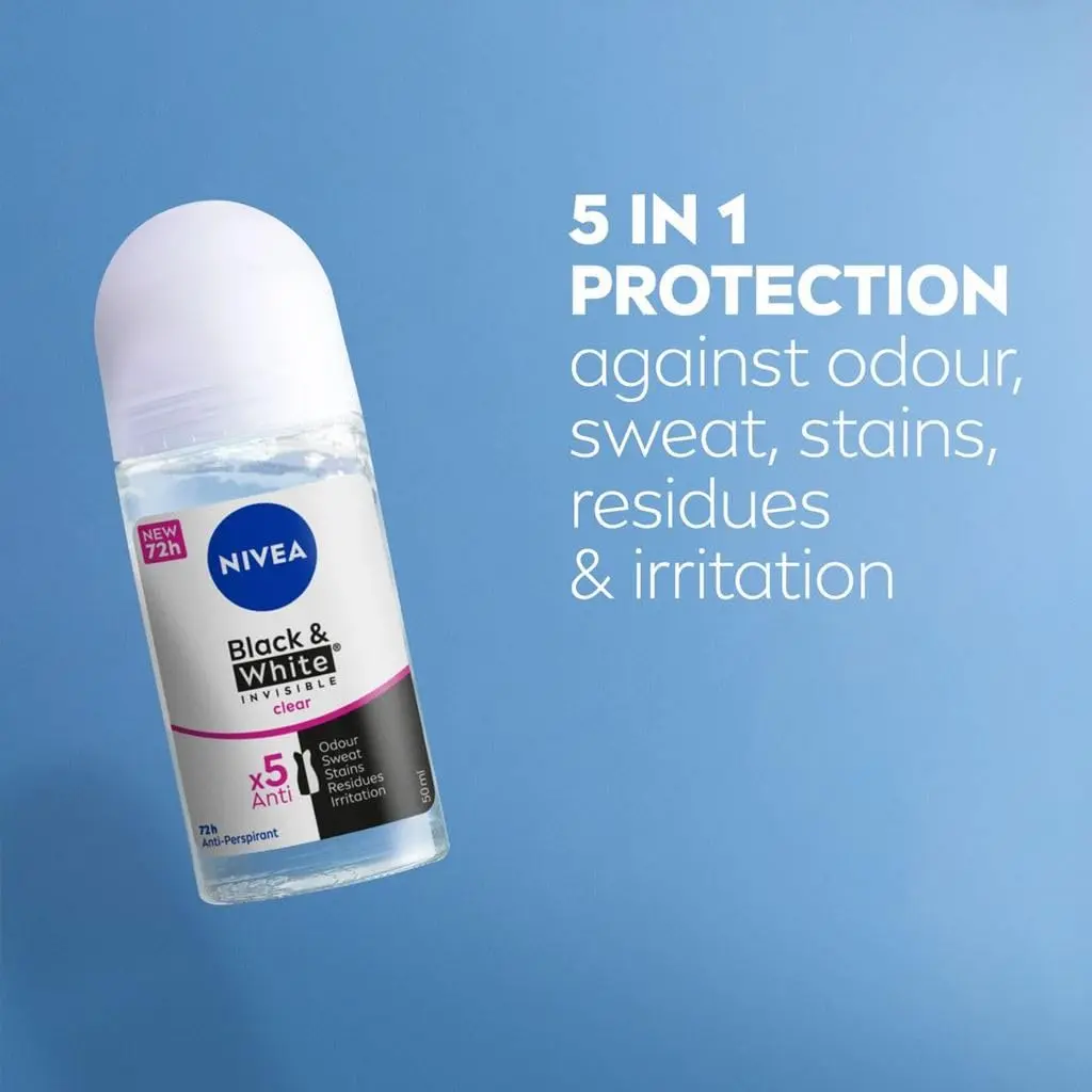 Two NIVEA Black & White Invisible Original antiperspirant roll-ons provide 48-hour protection against sweat and odor, keeping black clothes black and white clothes white for longer while preventing yellow stains, with a dermatologically approved, alcohol and colorant-free formula.