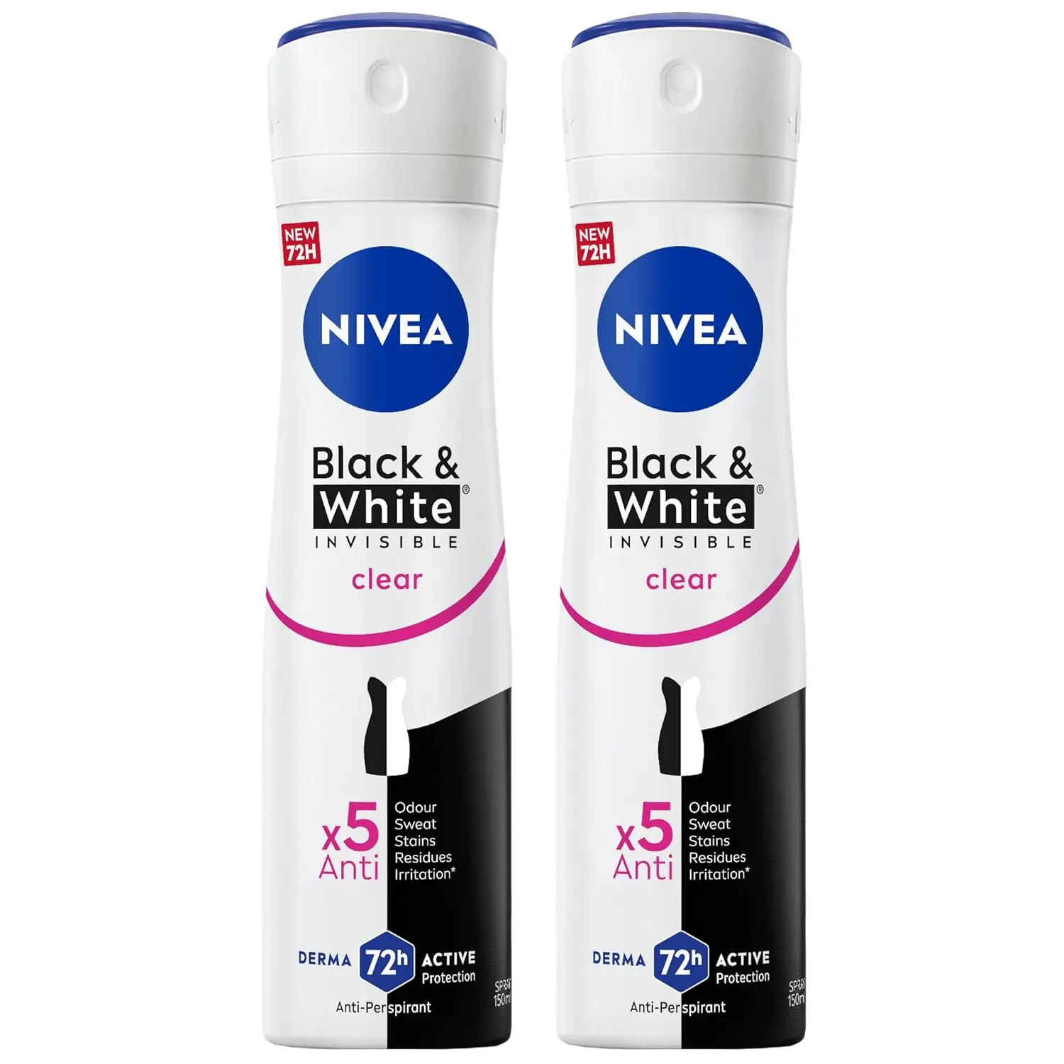 Two NIVEA Black & White Invisible Original antiperspirant roll-ons provide 48-hour protection against sweat and odor, keeping black clothes black and white clothes white for longer while preventing yellow stains, with a dermatologically approved, alcohol and colorant-free formula.