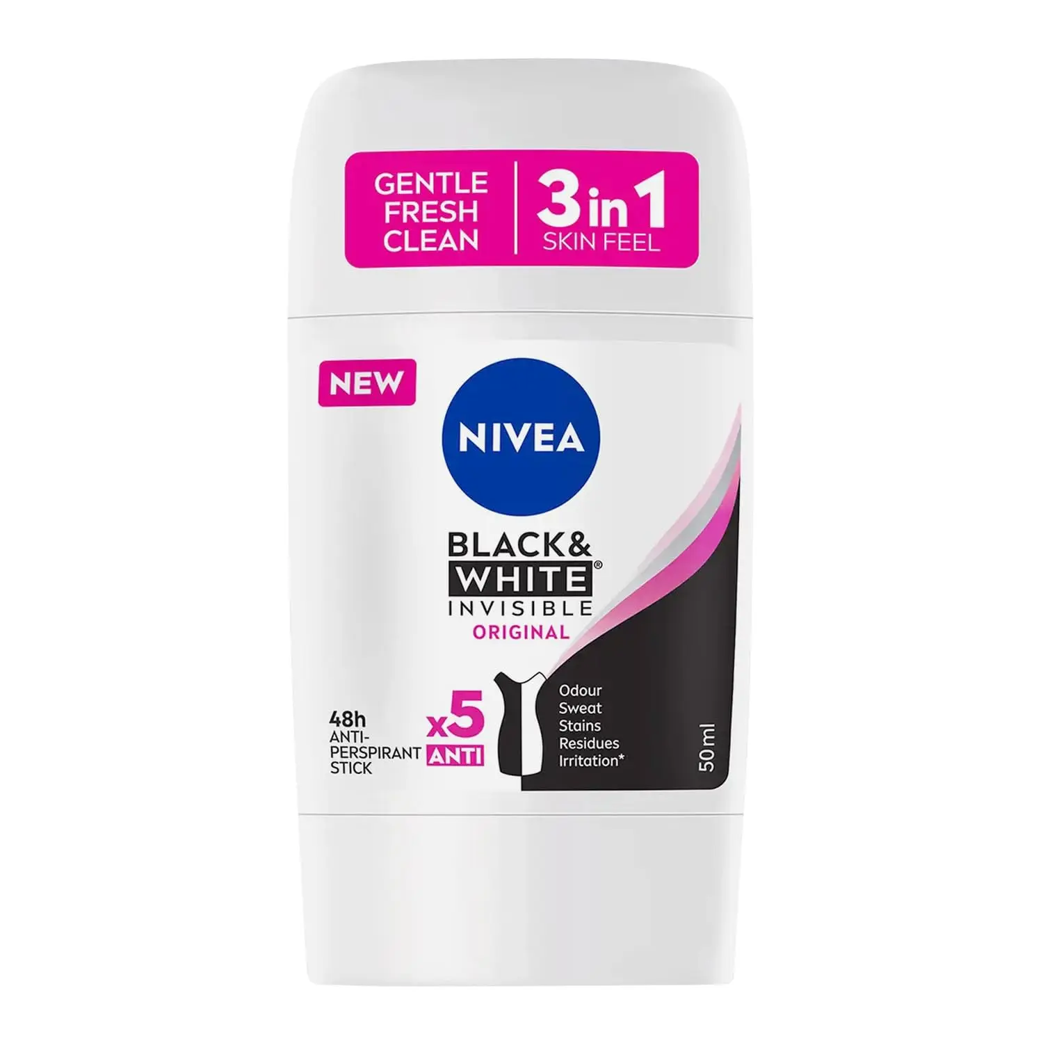 NIVEA Black & White Invisible Clear antiperspirant deodorant stick for women offers 72-hour protection against odor, sweat, stains, and irritation, leaving a fresh floral scent.