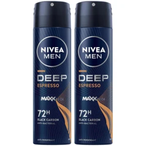 NIVEA Men DEEP Black Carbon antiperspirant spray provides 72-hour protection against sweat and odor with an energizing espresso scent.