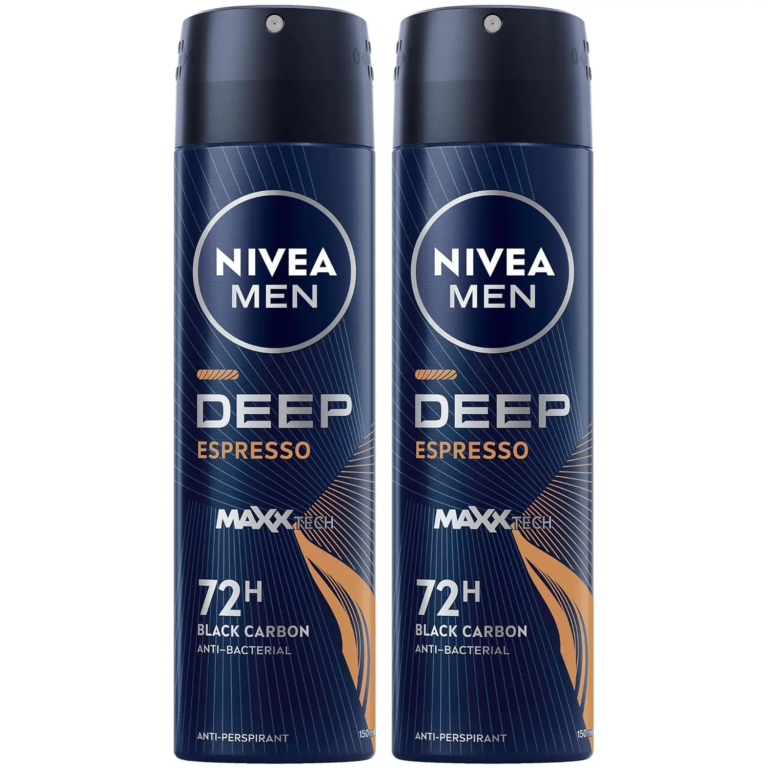 NIVEA Men DEEP Black Carbon antiperspirant spray provides 72-hour protection against sweat and odor with an energizing espresso scent.