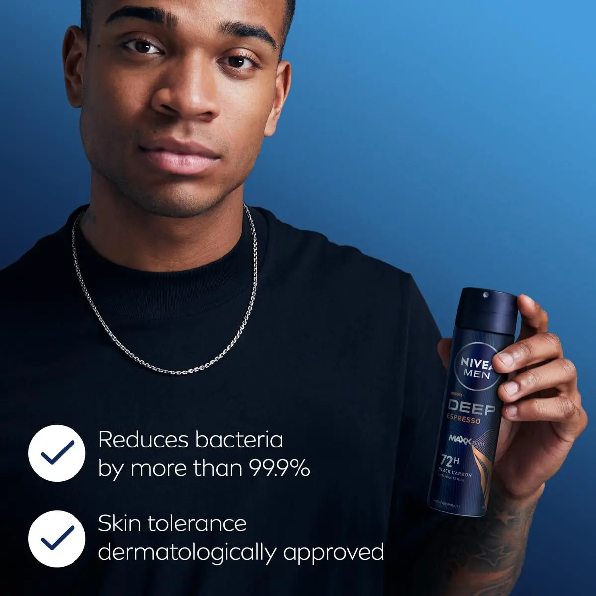 NIVEA Men DEEP Black Carbon antiperspirant spray provides 72-hour protection against sweat and odor with an energizing espresso scent.
