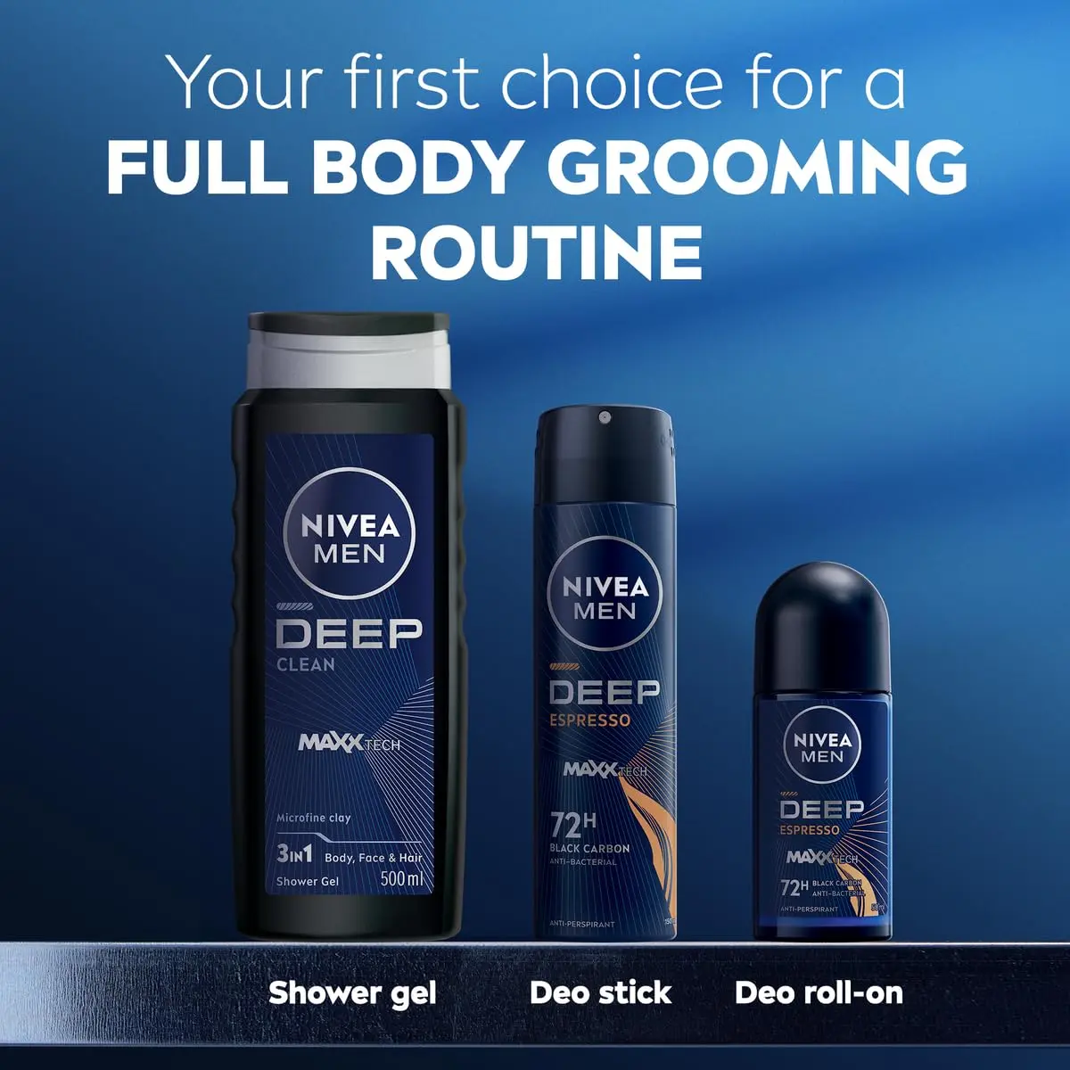NIVEA Men DEEP Black Carbon antiperspirant spray provides 72-hour protection against sweat and odor with an energizing espresso scent.